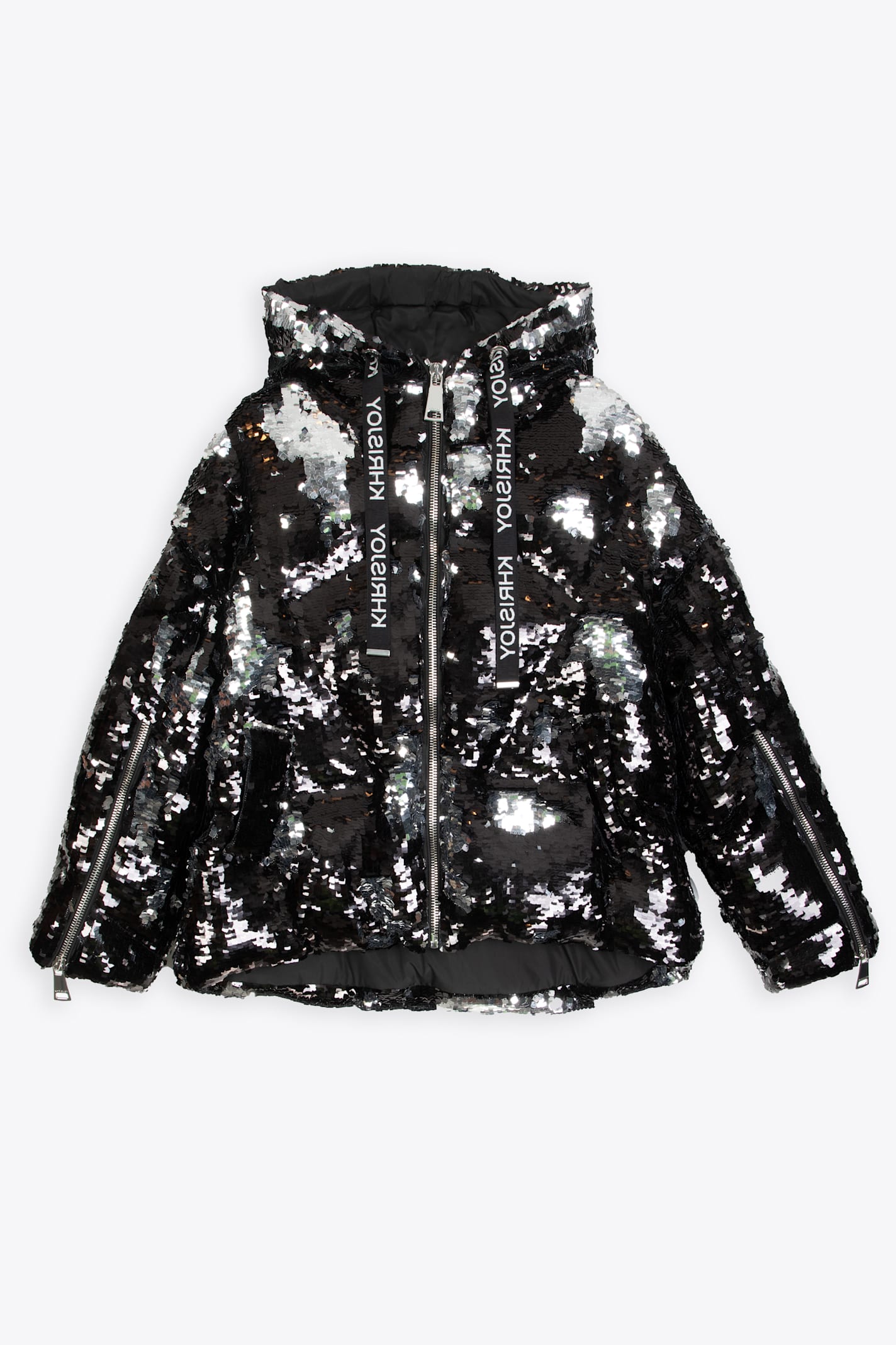 Khris Sparkly Black and silver sparkly sequins hooded puffer jacket - Khris Sparkly