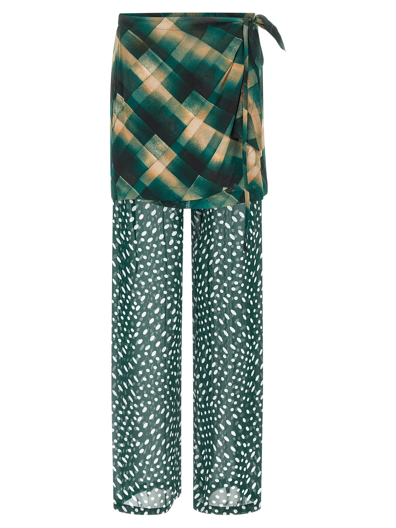 Dries Van Noten Layered Sheer Tie Waist Wrap Trousers In Green