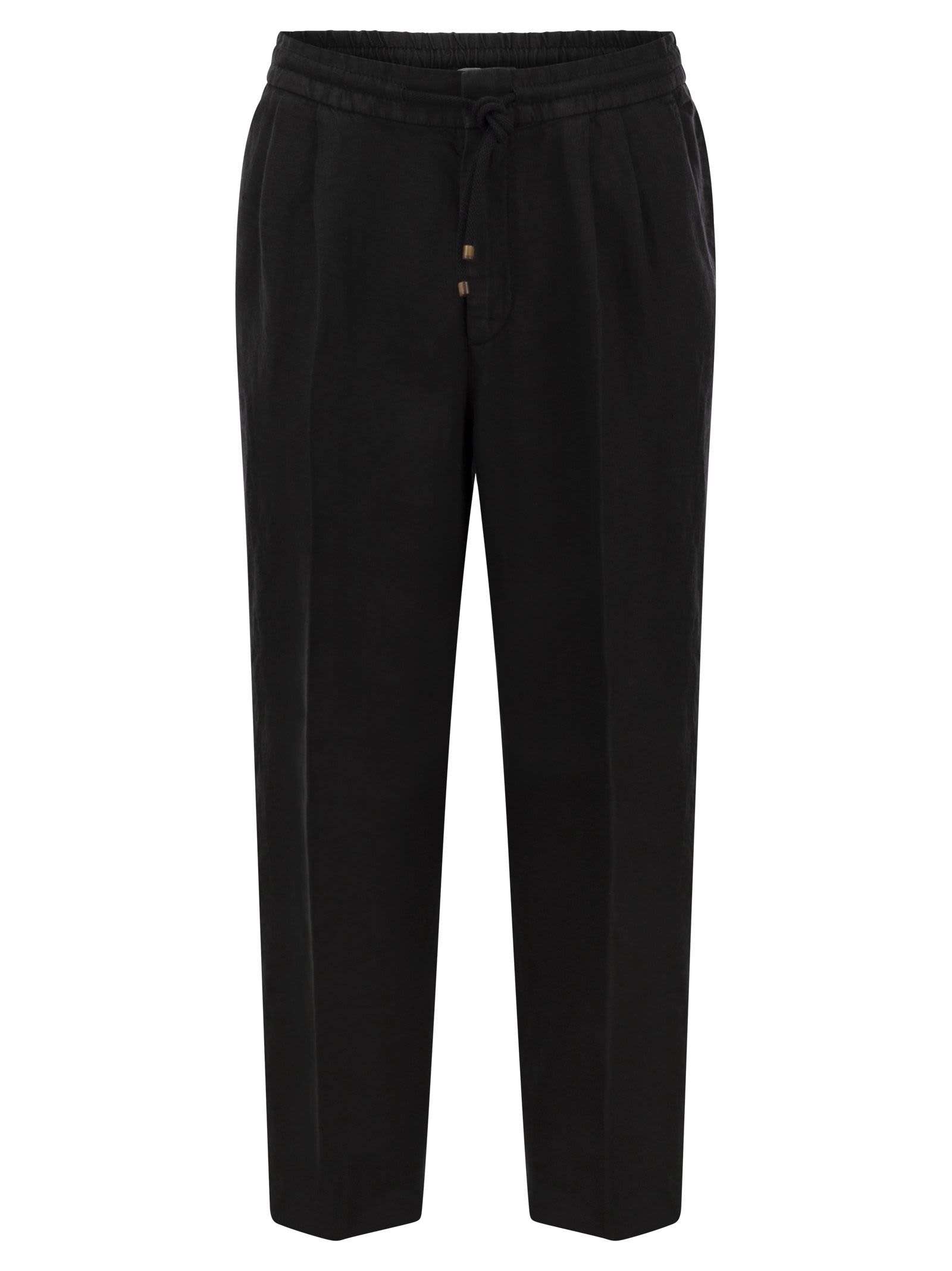 Shop Brunello Cucinelli Leisure Fit Trousers In Garment-dyed Linen Gabardine With Drawstring And Double Darts In Black