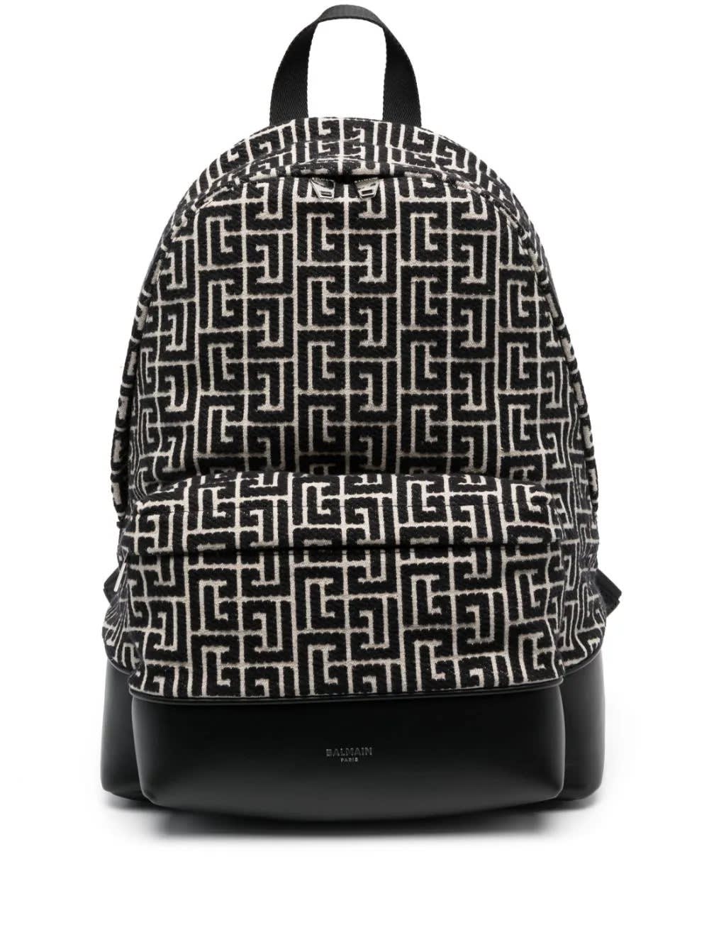 BALMAIN BACKPACK IN BLACK AND IVORY JACQUARD WITH MAXI MONOGRAM