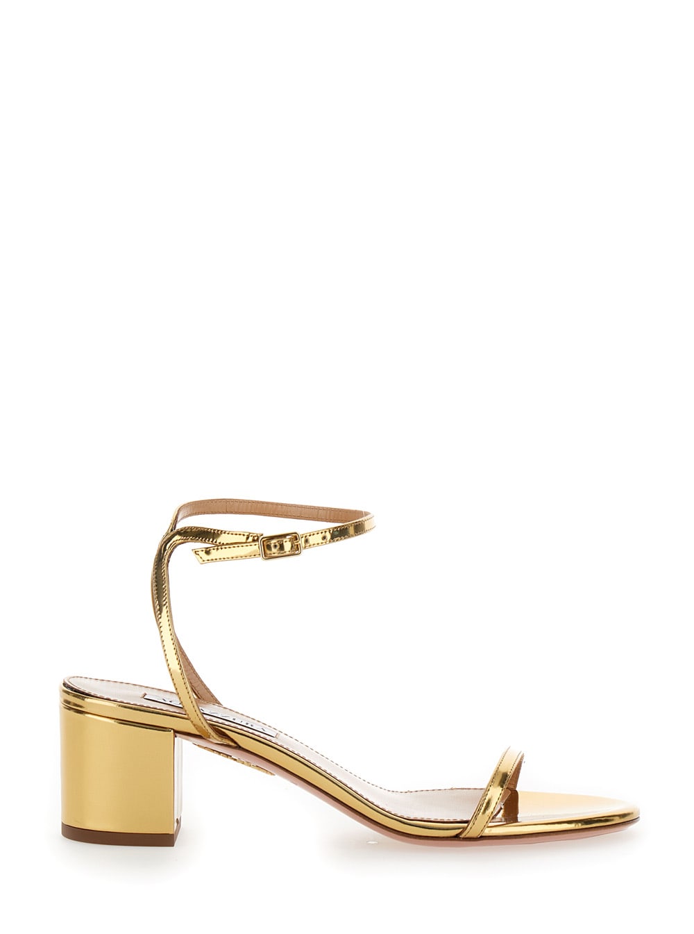 olie Gold Tone Sandals With Block Heel In Laminated Leather Woman