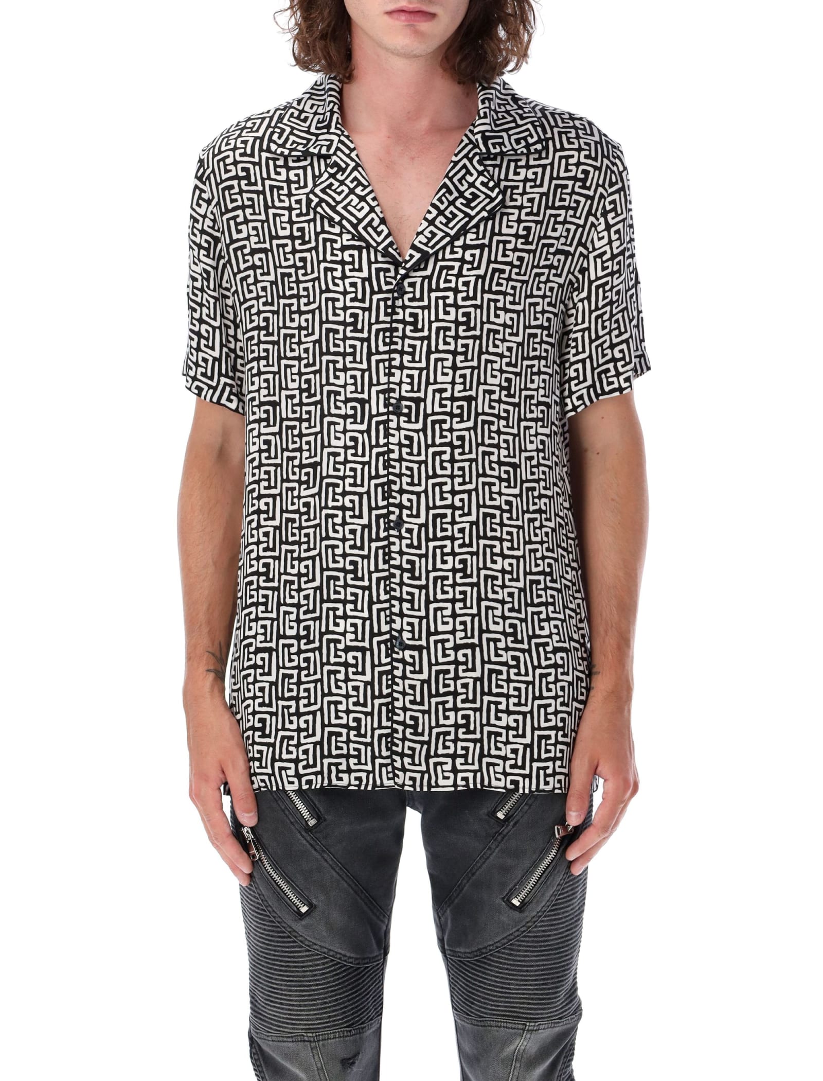 Shop Balmain Monogram Paint Bowling Shirt In Nero Bianco