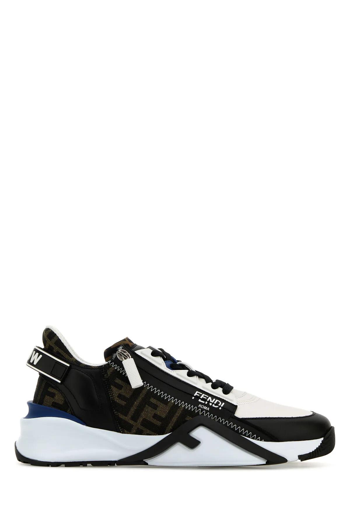 Shop Fendi Multicolor Leather And Jacquard Flow Sneakers In Uwhite Tab Nero