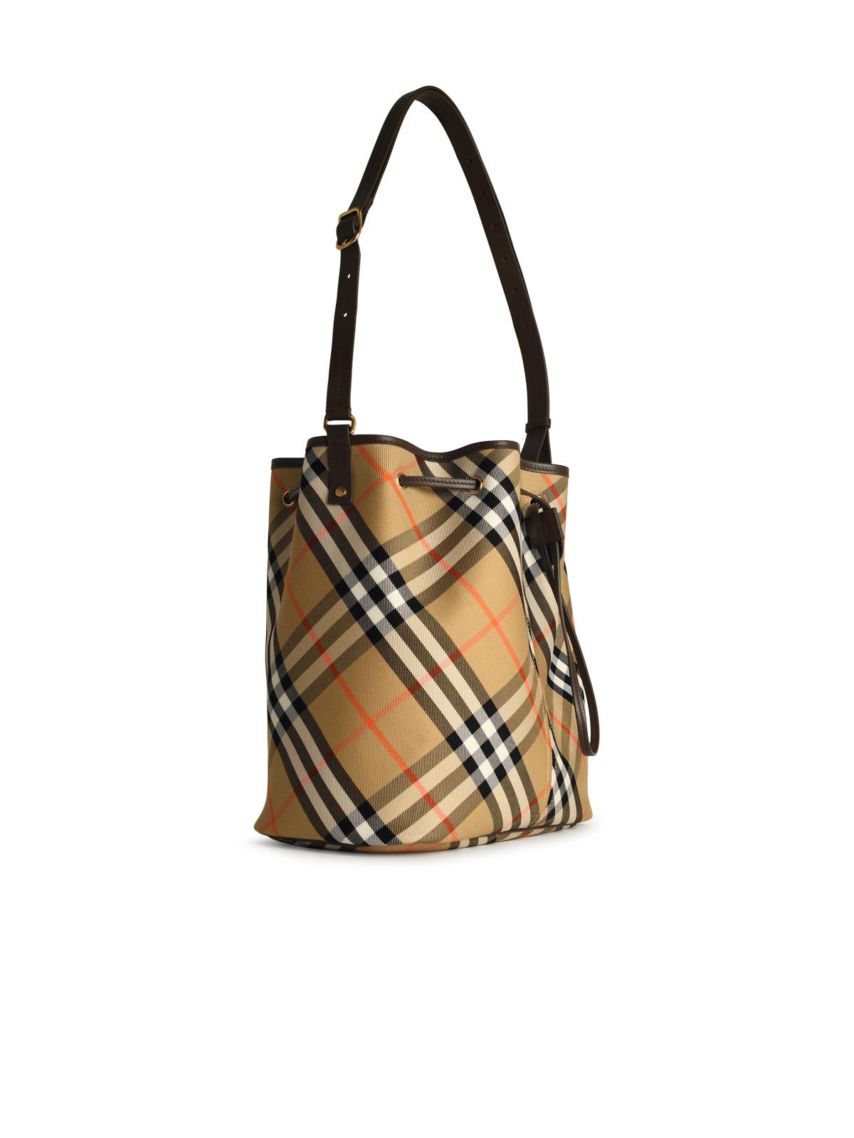 Shop Burberry Check Bucket Bag In Beige Cotton Blend In Sand