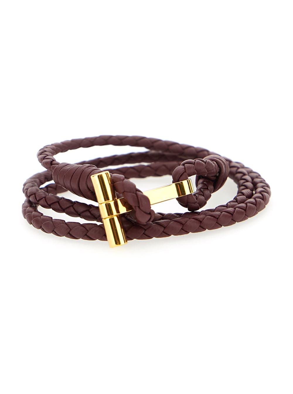 Tom Ford Bordeaux Bracelet With Intrecciato Motif In Leather And Brass Woman In Brown