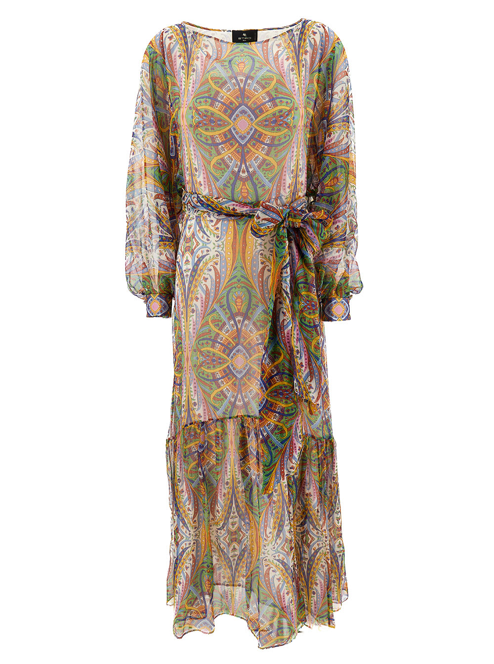 Shop Etro Maxi Multicolor Dress With All-over Print And Belt In Silk Woman