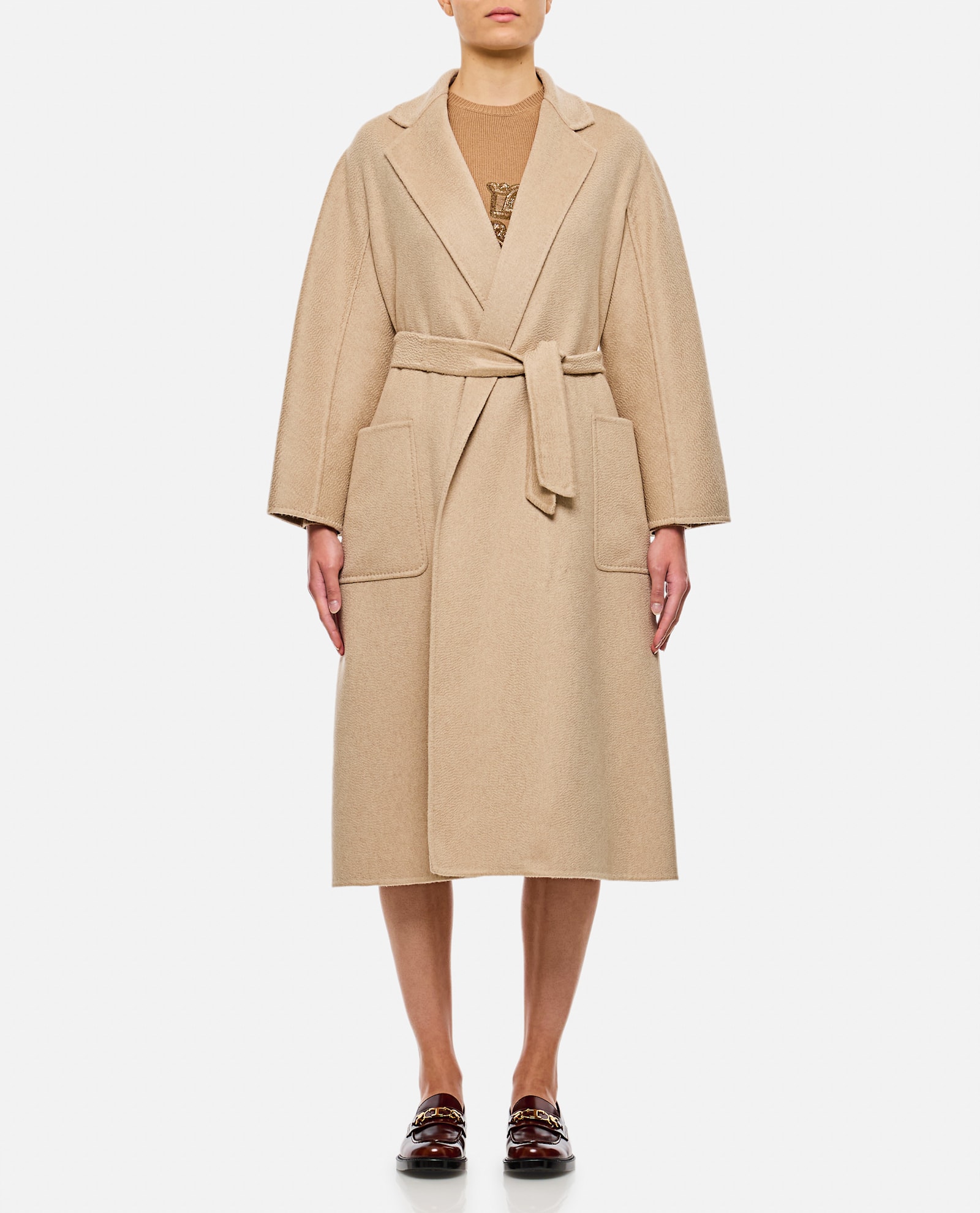 Shop Max Mara Ludmilla Belted Cashmere Midi Coat In Beige