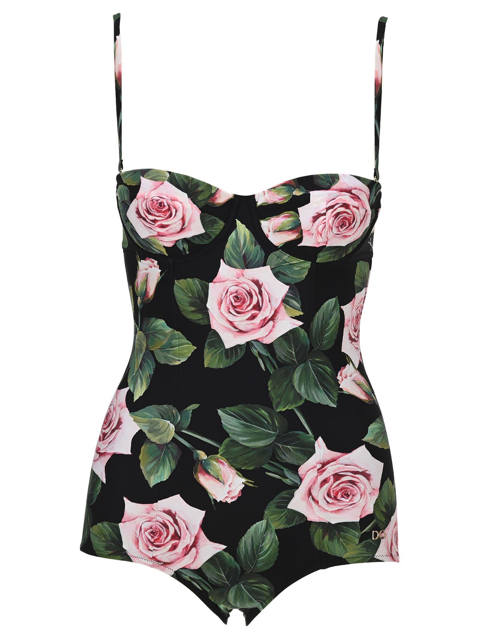 Dolce & Gabbana Tropical Rose Print One-piece Balconette Swimsuit In Black Flower