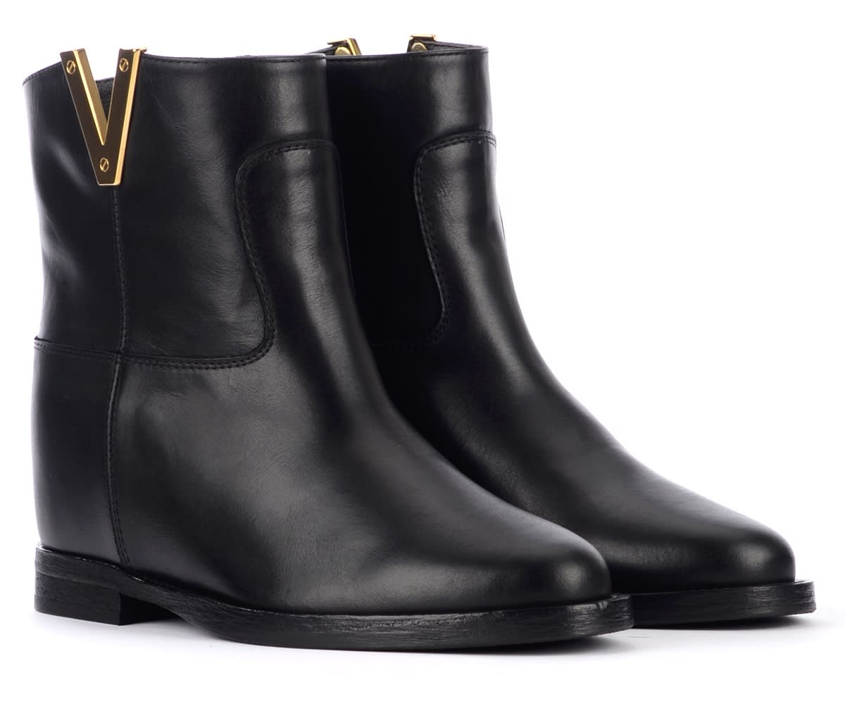 Shop Via Roma 15 Ankle Boot In Black Leather With Golden V