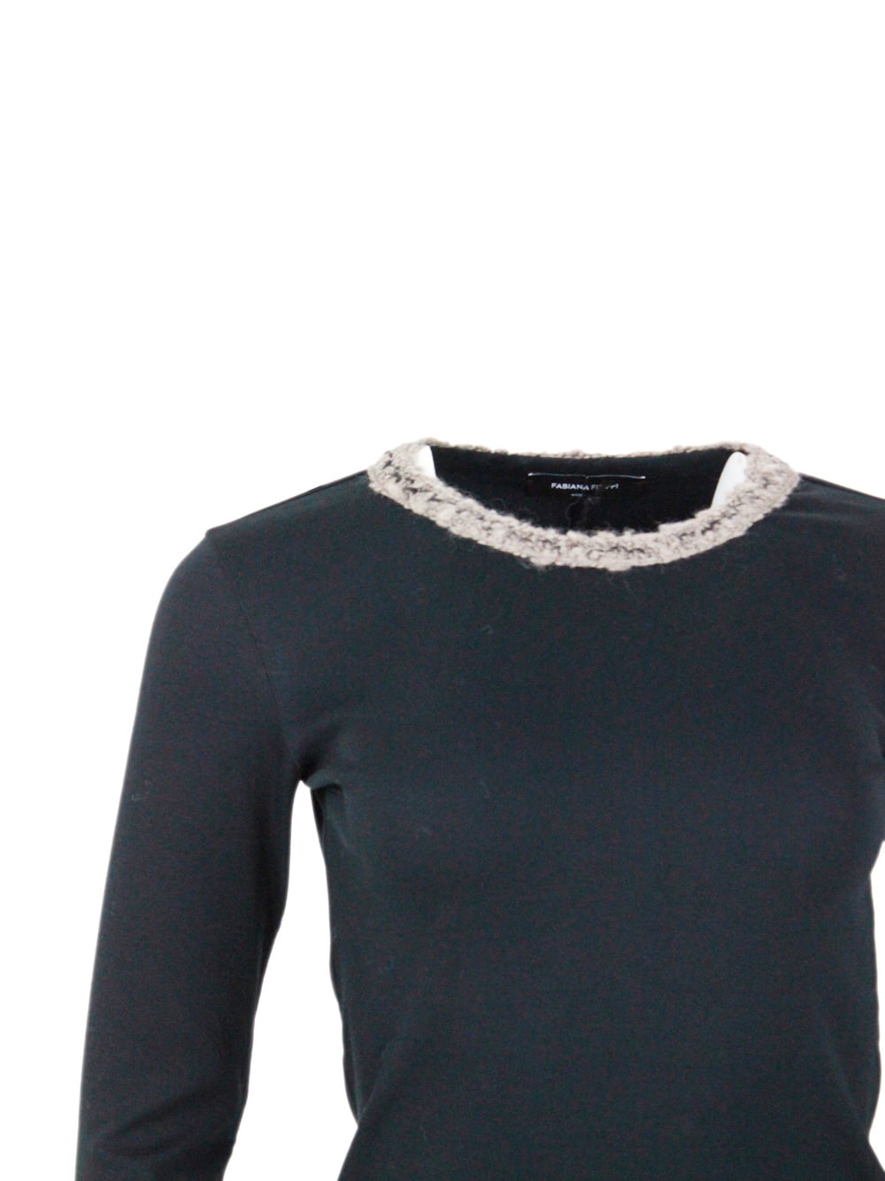 Fabiana Filippi Three-quarter Sleeve Embellished Neckline Top In Black