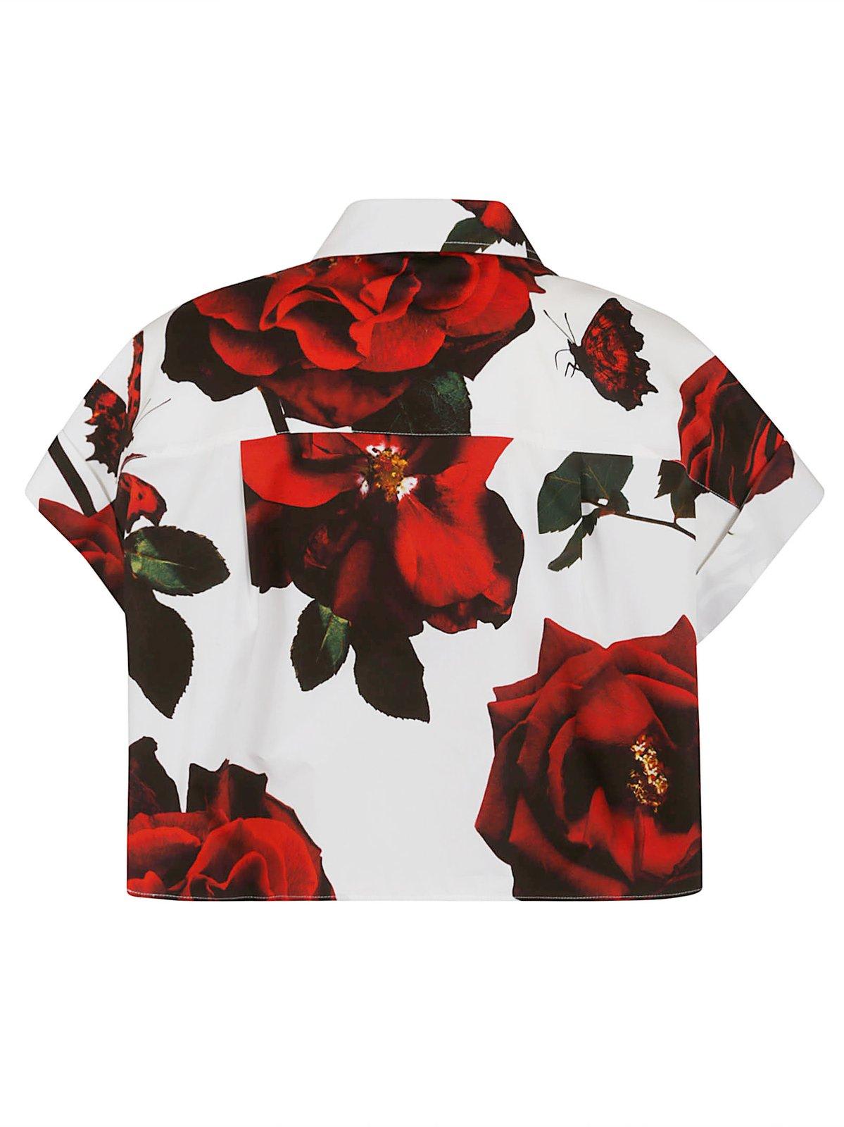 Shop Alexander Mcqueen Rose-printed Short Sleeved Cropped Shirt In White