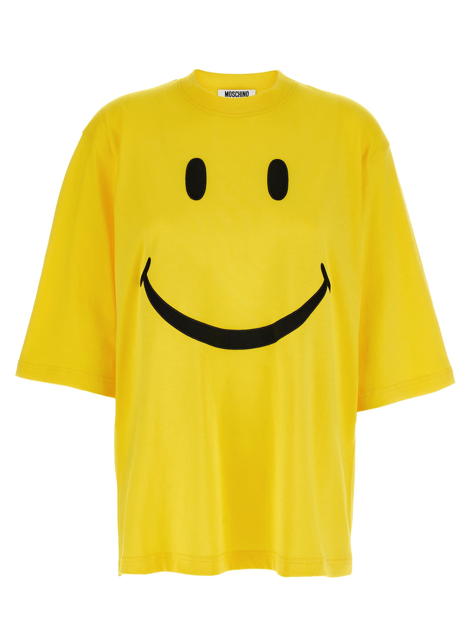 Moschino Crew Neck Smiley Face Print T-shirt In Yellow