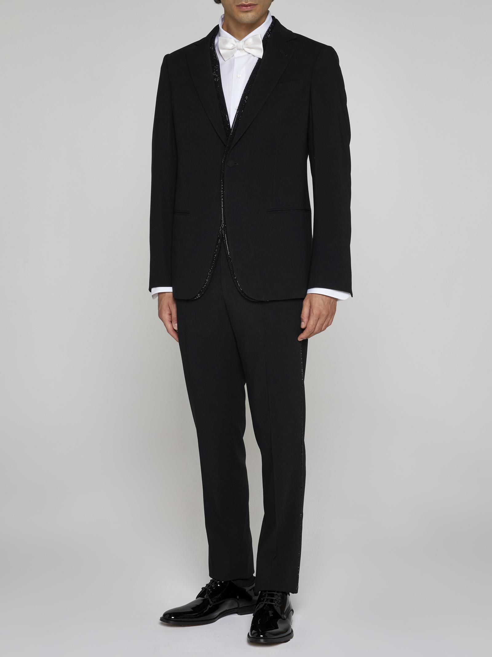 Shop Giorgio Armani Rhinestoned Wool Tuxedo Trousers In Black Beauty