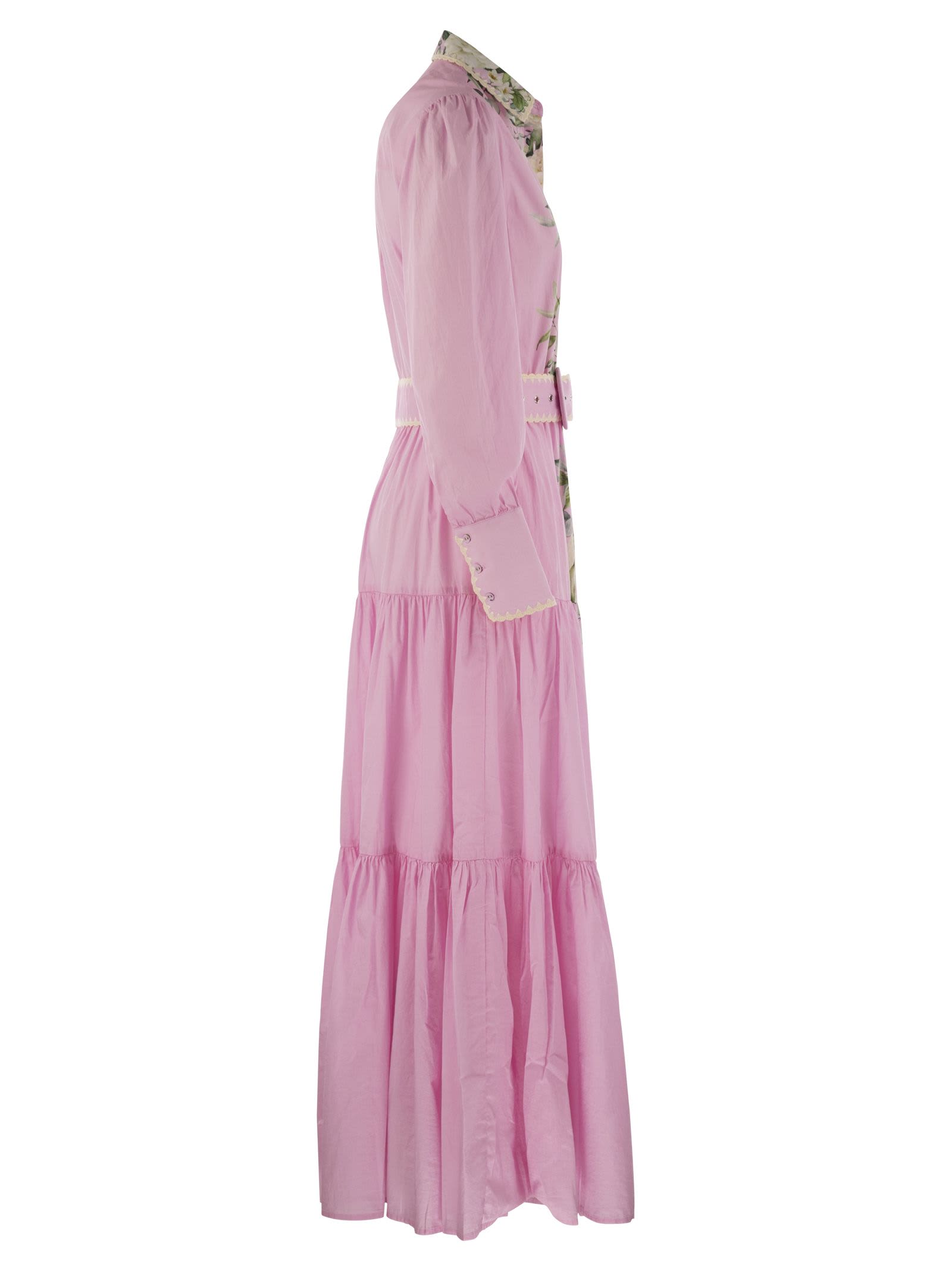 Shop Mc2 Saint Barth Long Cotton Dress With Floral Pattern In Pink