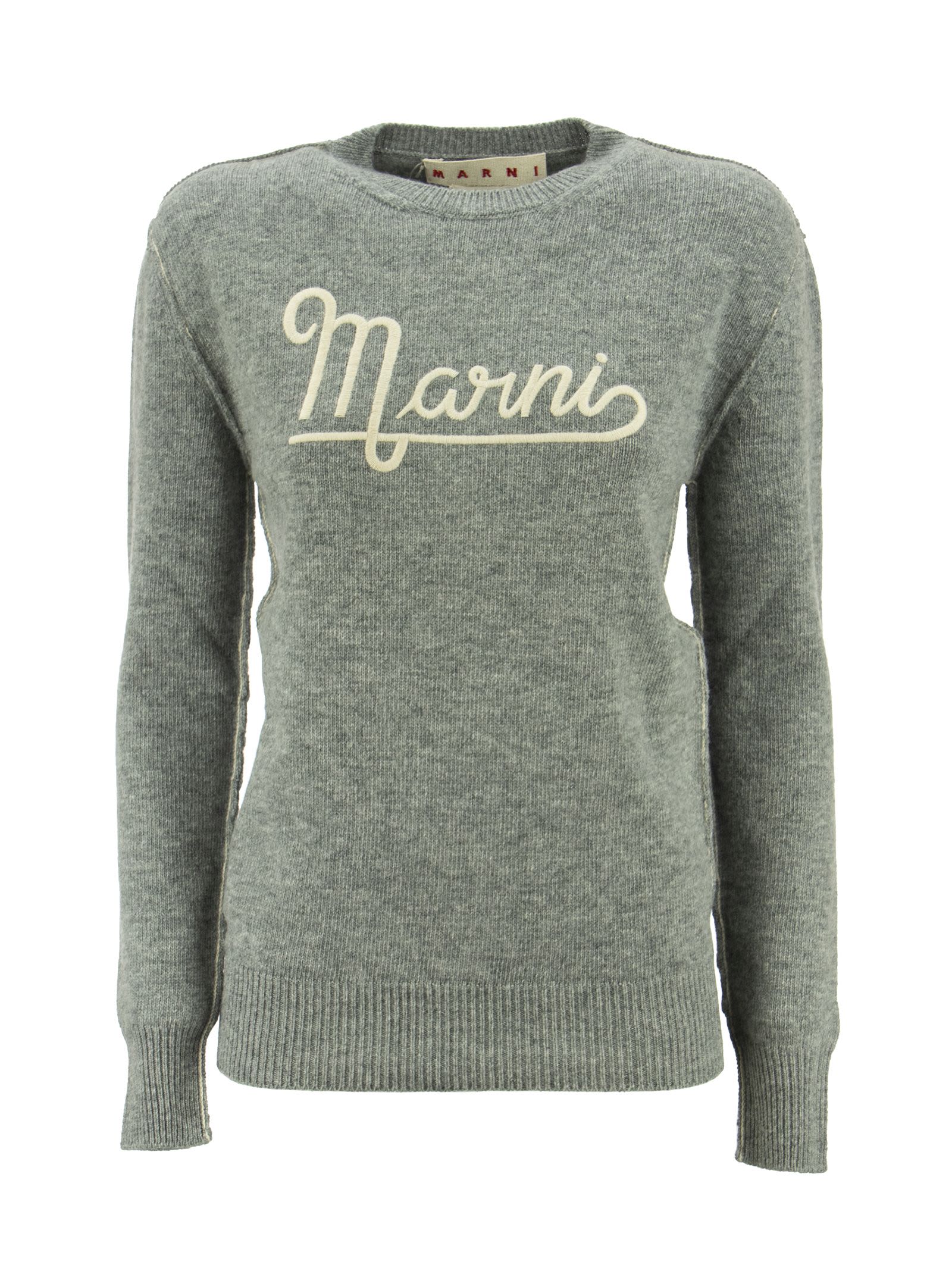Marni Hazelnut Crewneck Sweater With Embroidered Logo