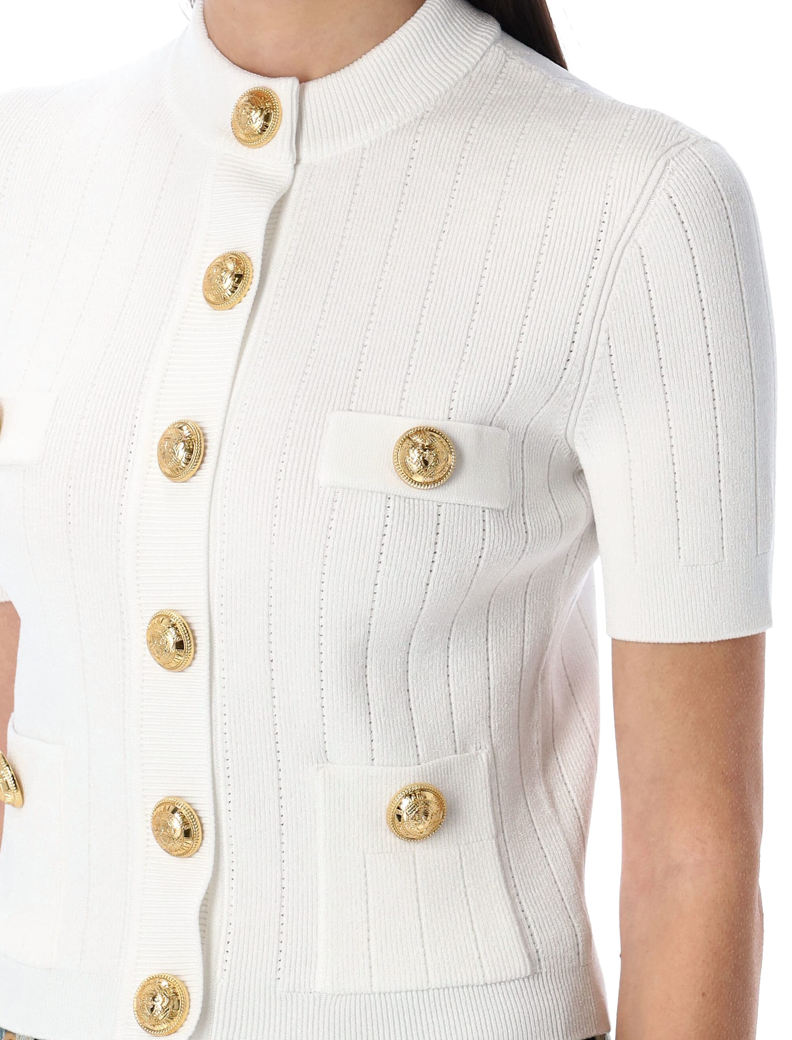 Shop Balmain 4-pocket Knitted Cardigan In White