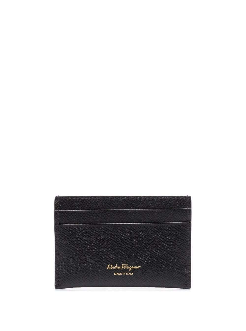 Ferragamo Black Card-holder With Gancini Detail In Hammered Leather Woman In Black