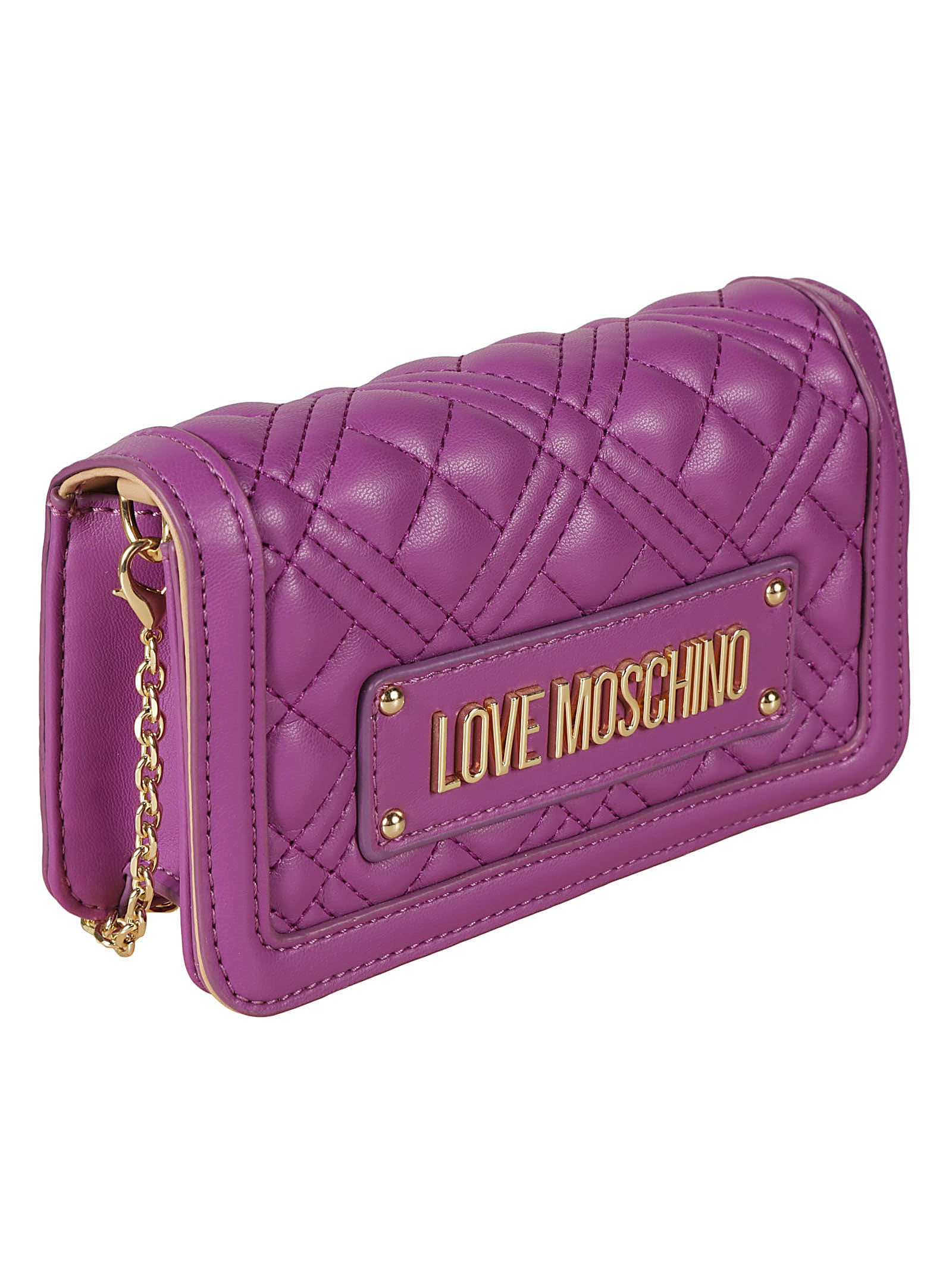 Shop Love Moschino Logo Plaque Quilted Shoulder Bag In Purple