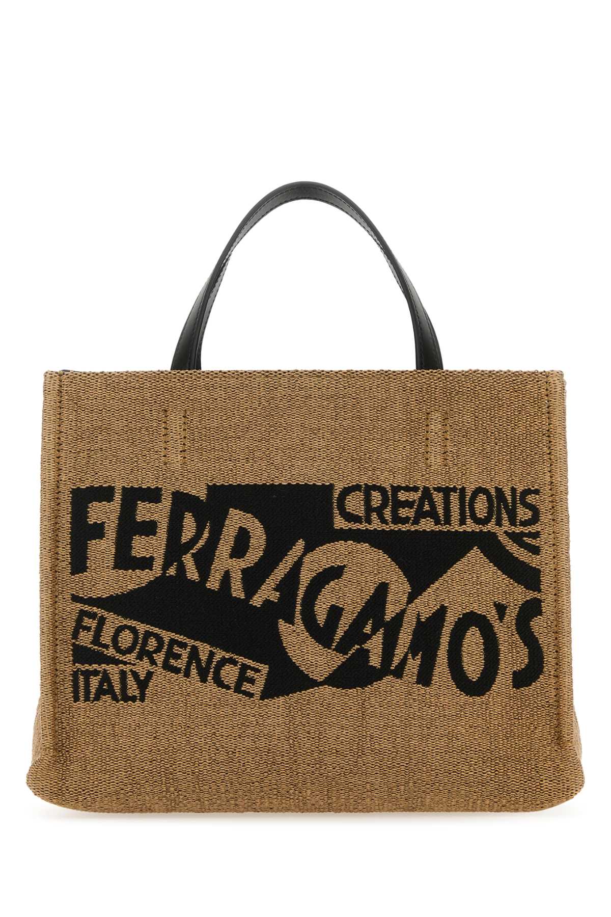 Shop Ferragamo Camel Raffia Small Tt Sign Shopping Bag In Mieleneroneronero