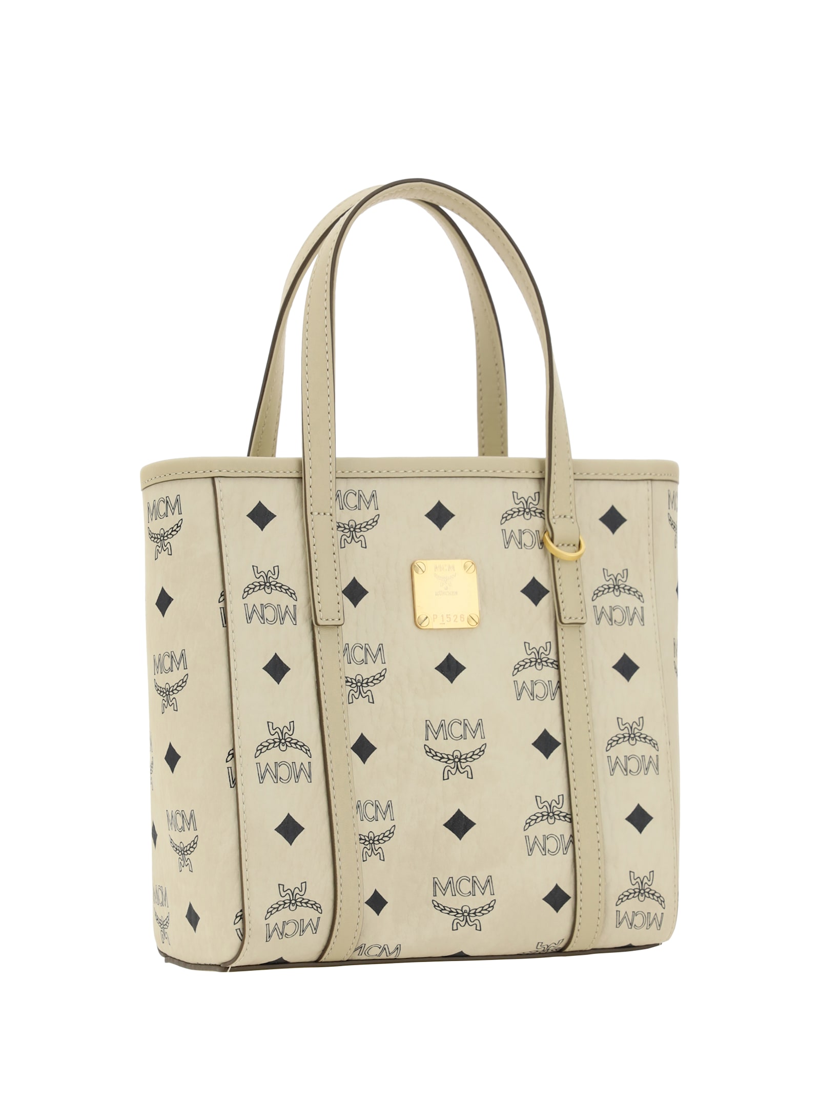 Shop Mcm Shopper Bag Mini In Beige+black Logo