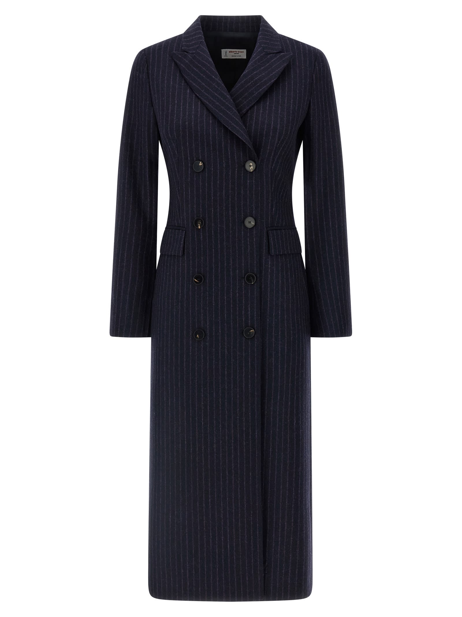 Alberto Biani Tailored Long Pinstripe Double-breasted Coat In Blue