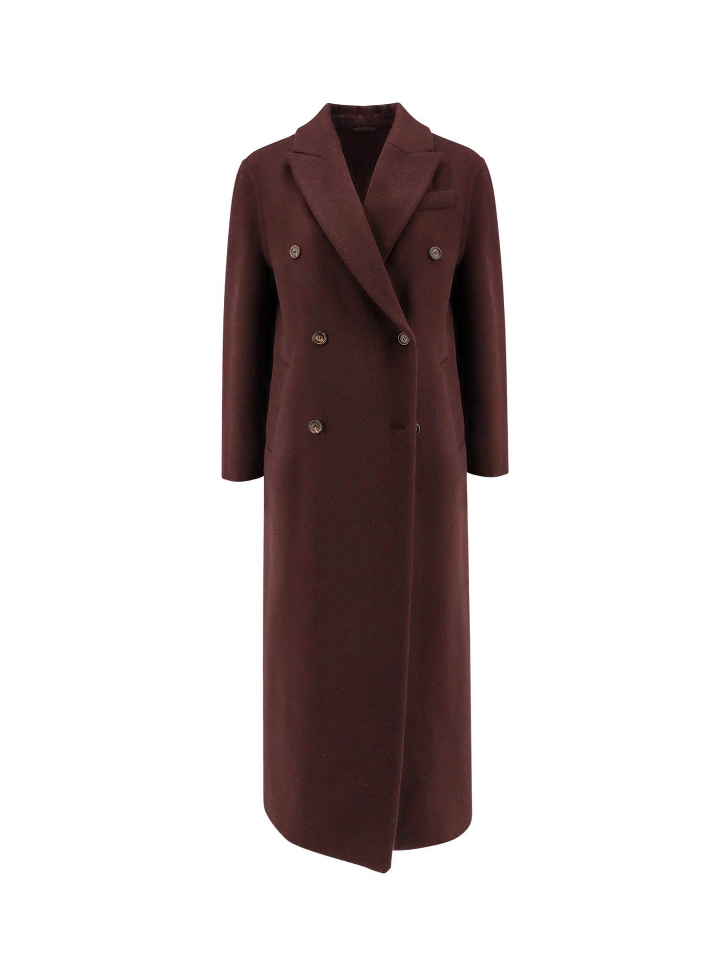 Brunello Cucinelli Long Double-breasted Cashmere Coat With Back Vent In Burgundy