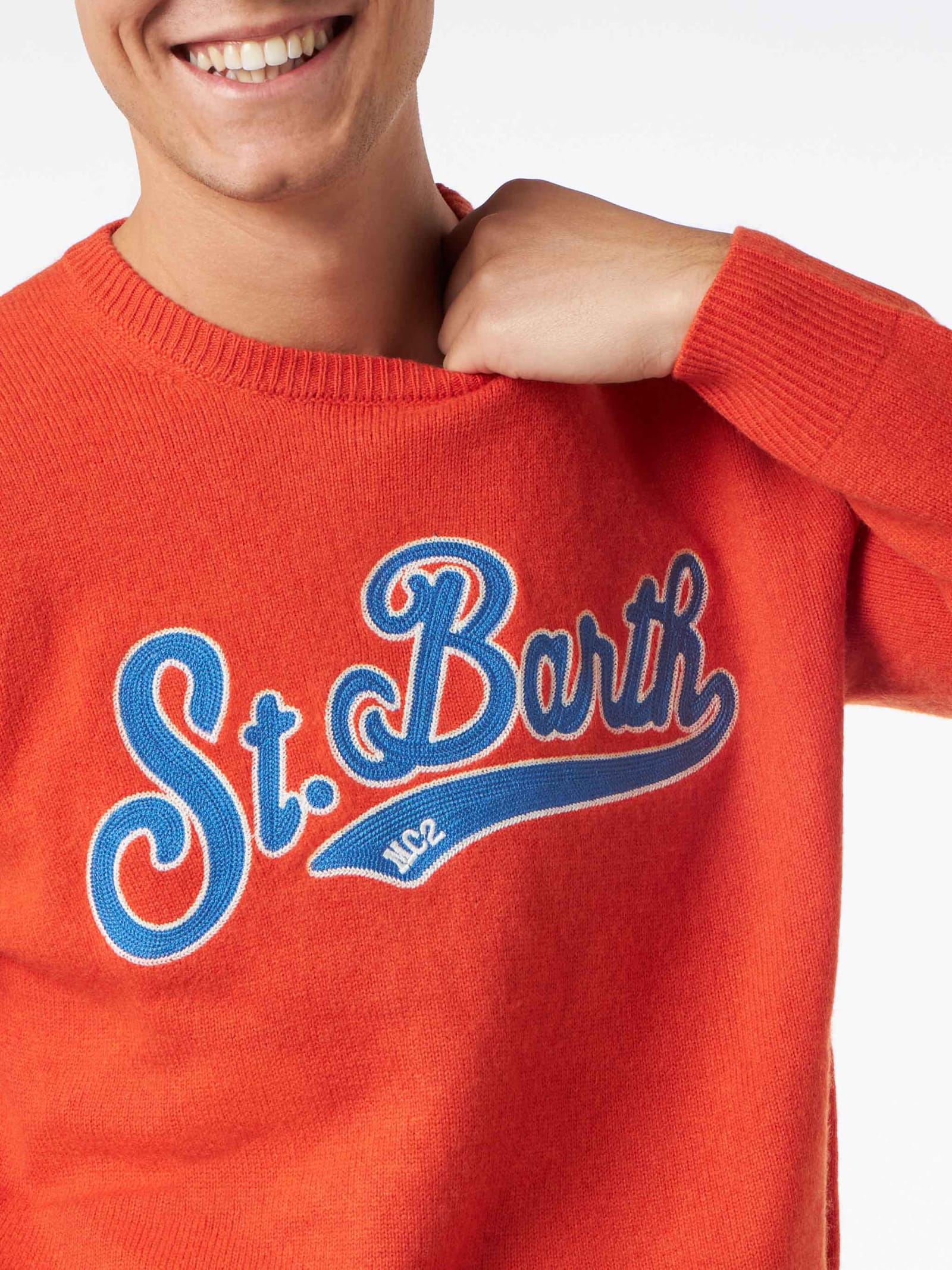 MC2 SAINT BARTH MAN CREWNECK ORANGE SWEATER WITH ST. BARTH EMBROIDERY 