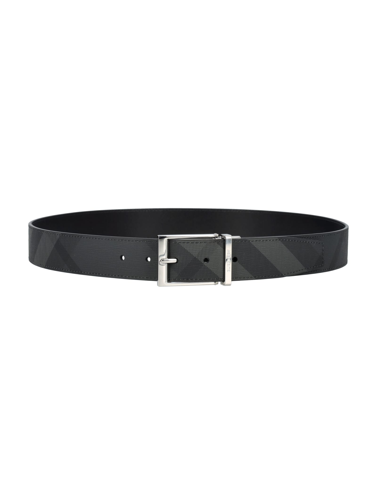 Shop Burberry Check And Leather Reversible Belt In Charcoal/silver