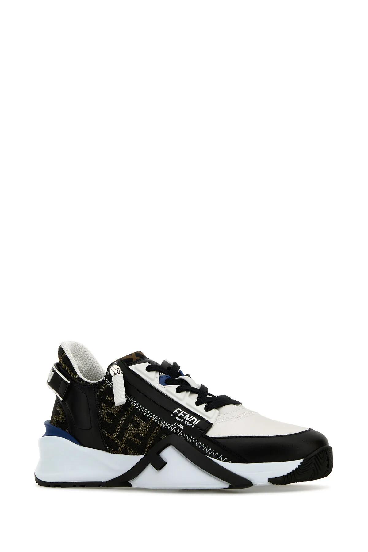 Shop Fendi Multicolor Leather And Jacquard Flow Sneakers In Uwhite Tab Nero