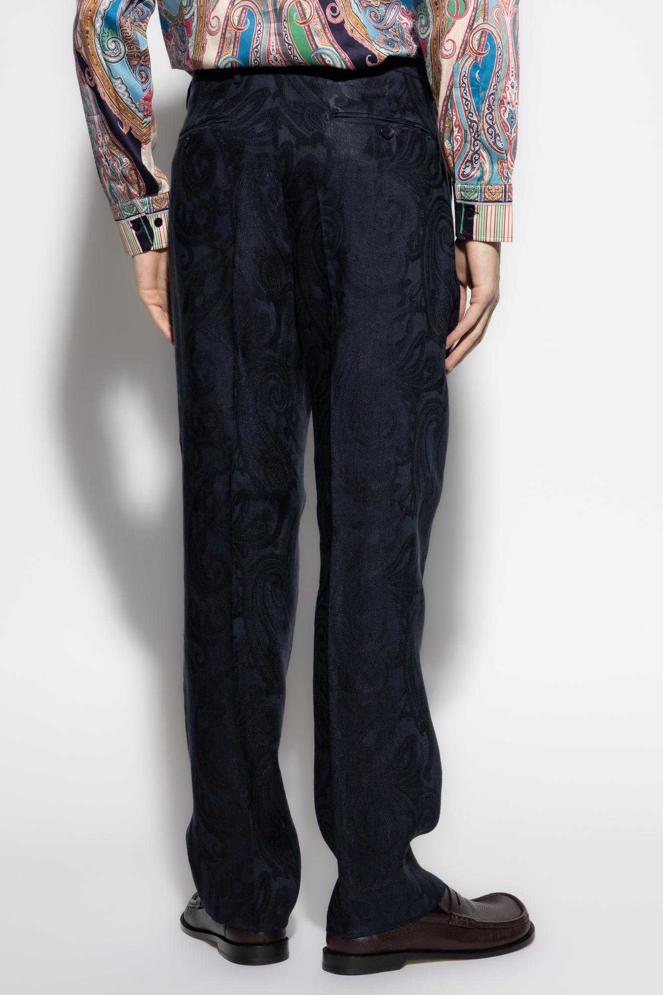 Etro Paisley Linen Blend Pants In Blue