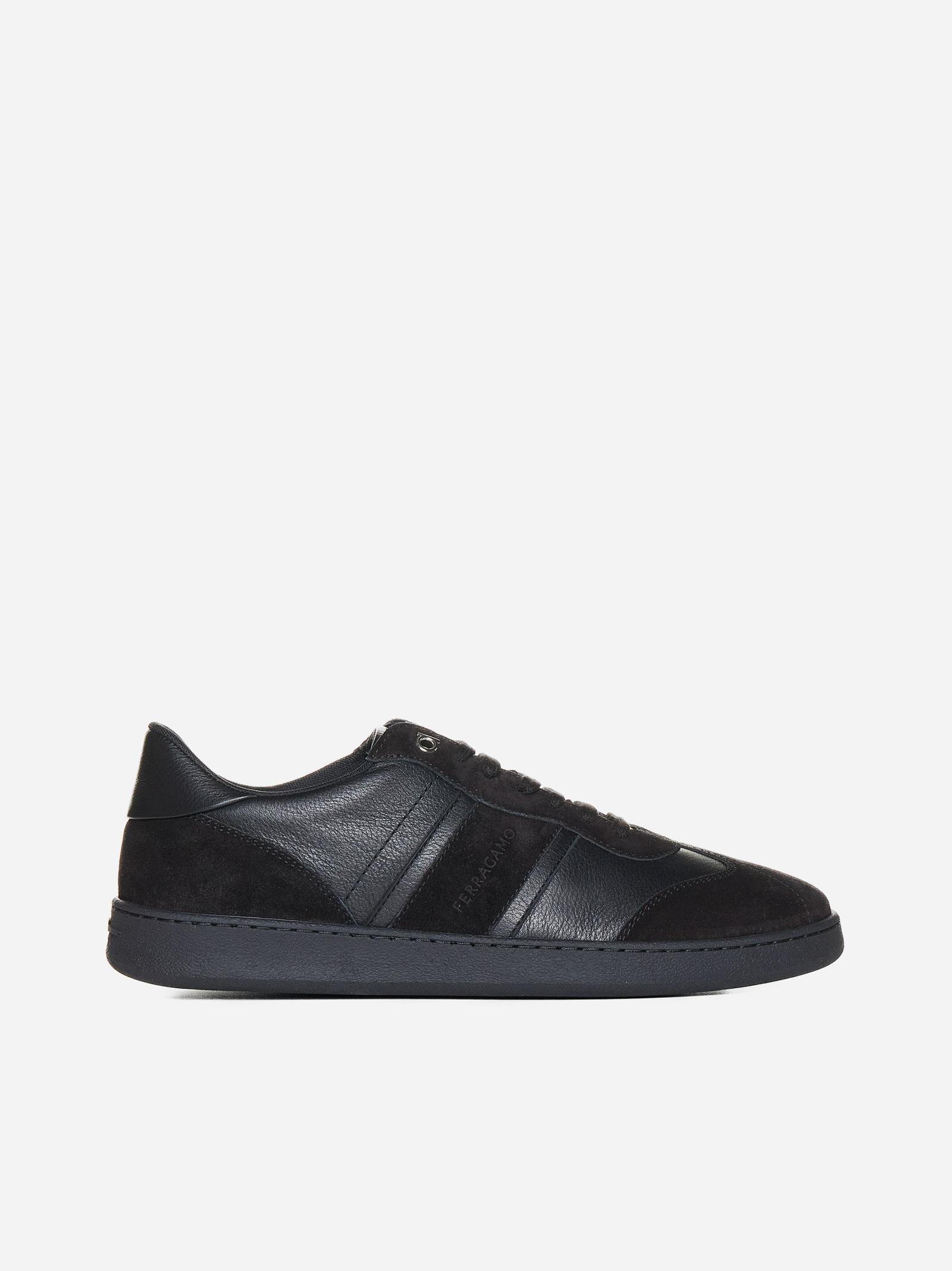 Shop Ferragamo Achille Leather And Suede Sneakers In Black