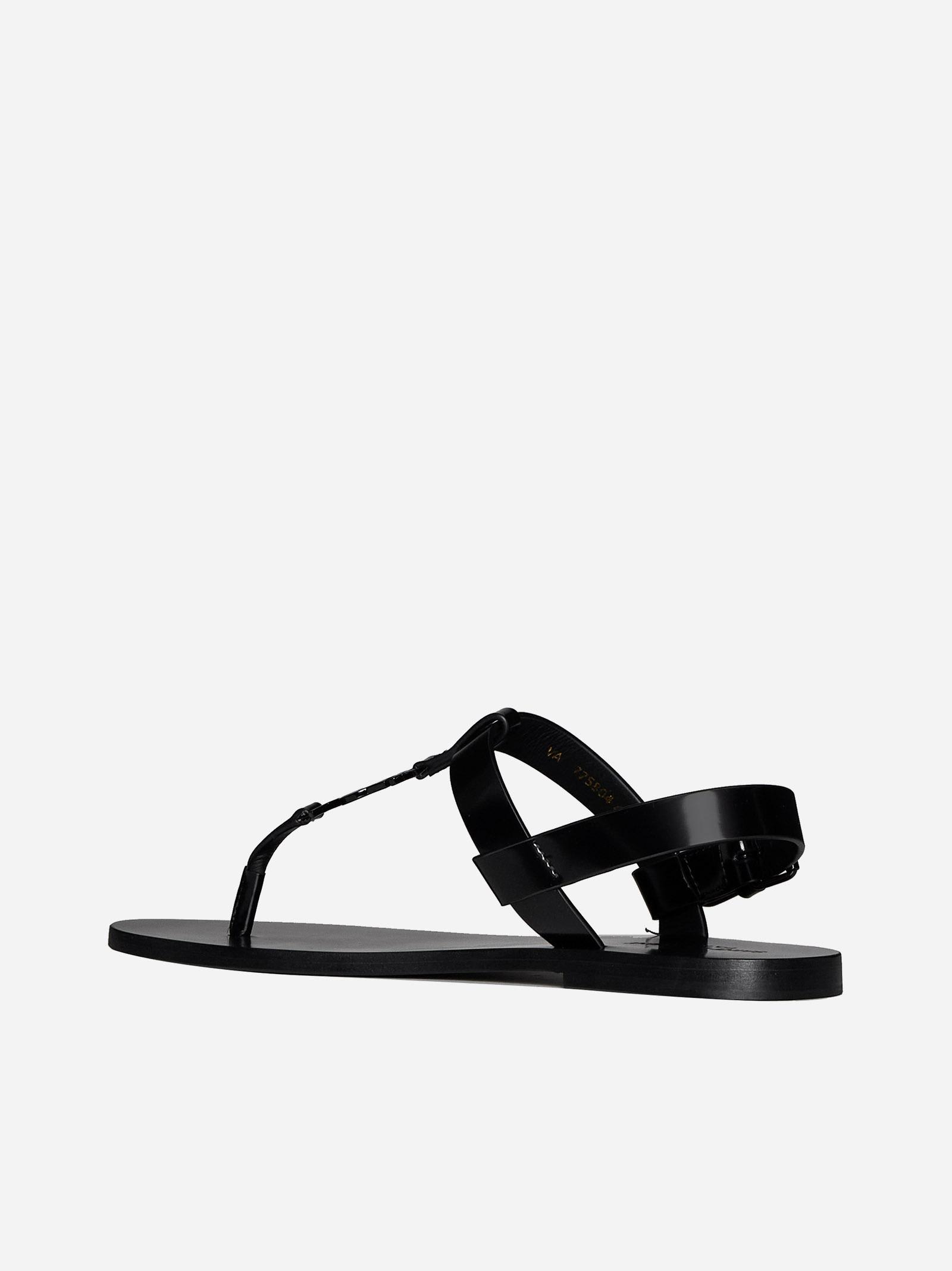 Saint Laurent Cassandre Glazed Leather Sandals In Black