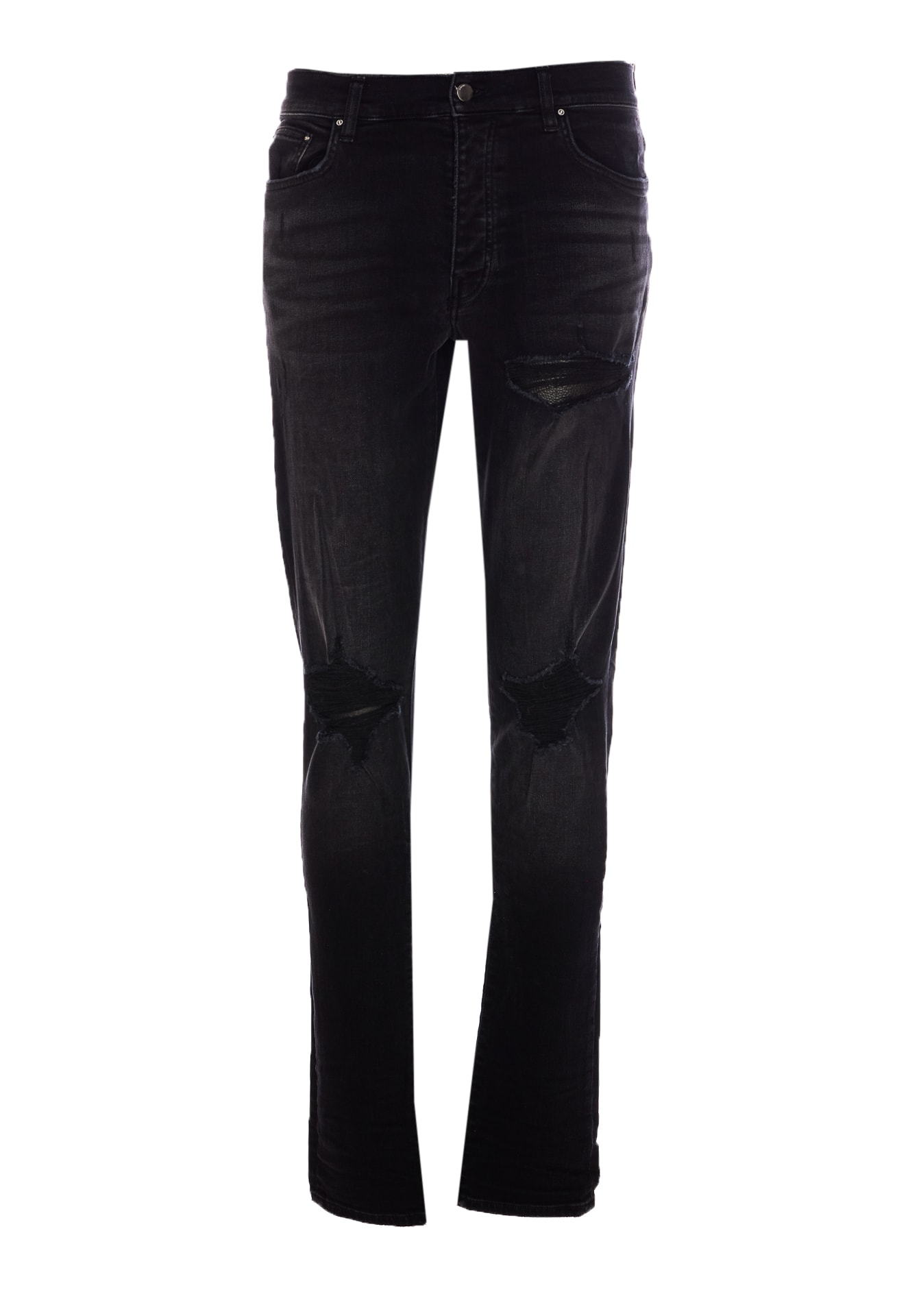 Amiri Slim Fit Distressed Trousers With Rivet Detailing In Black
