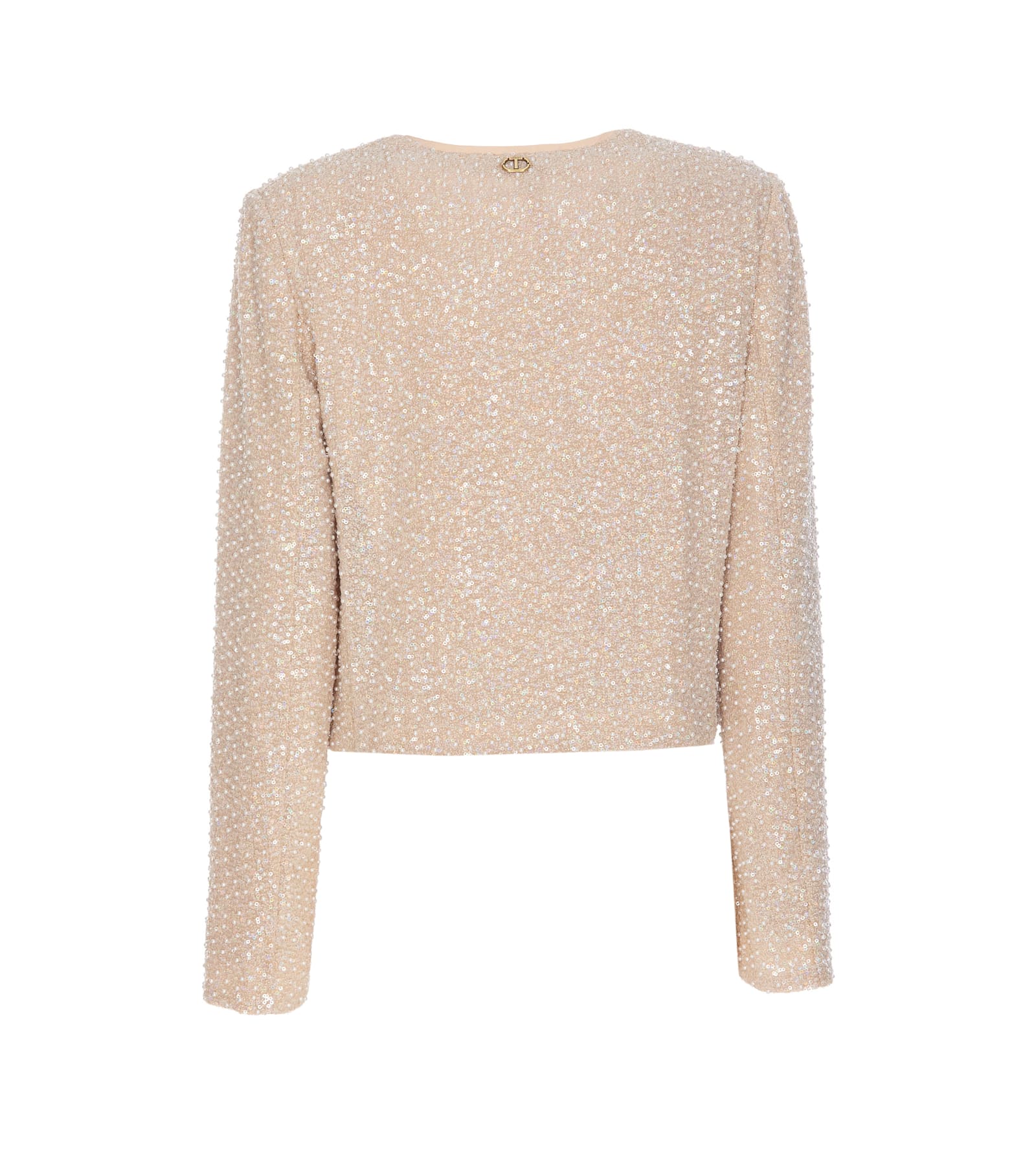 Twinset Beige Sequin Jacket With All-over Fau-pearl Embellishments In Tech Fabric Woman In Beige