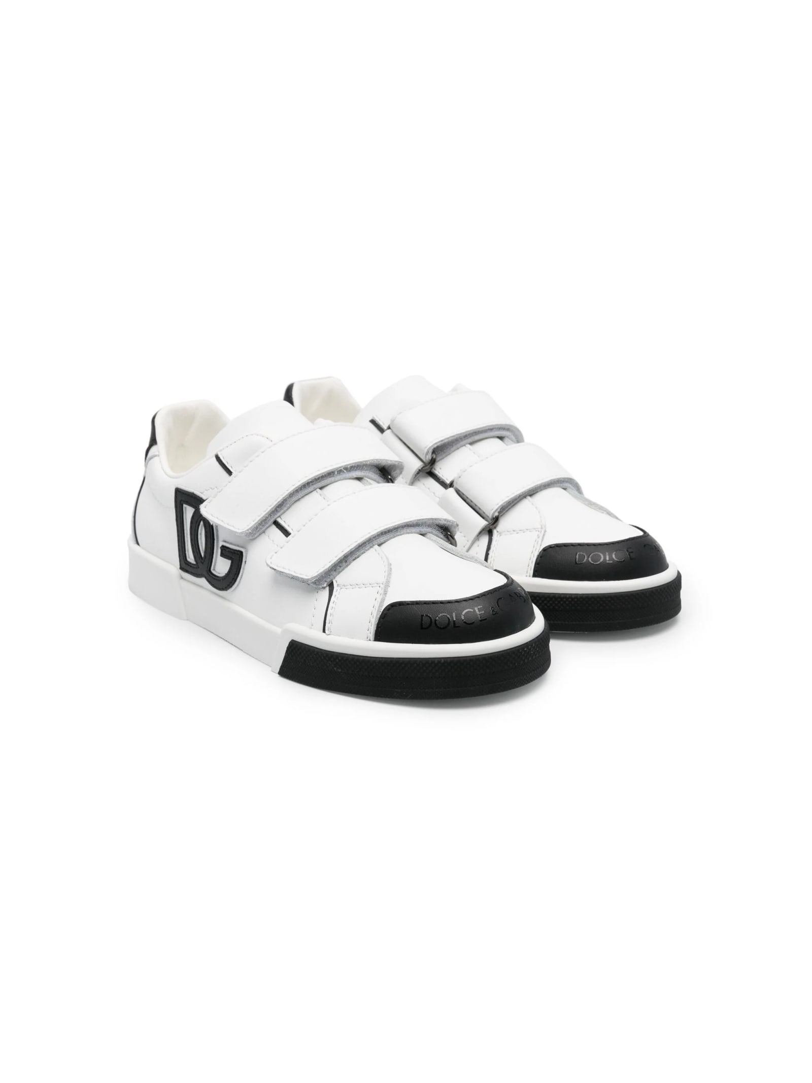 Shop Dolce & Gabbana White And Black Sneakers With Dg Logo