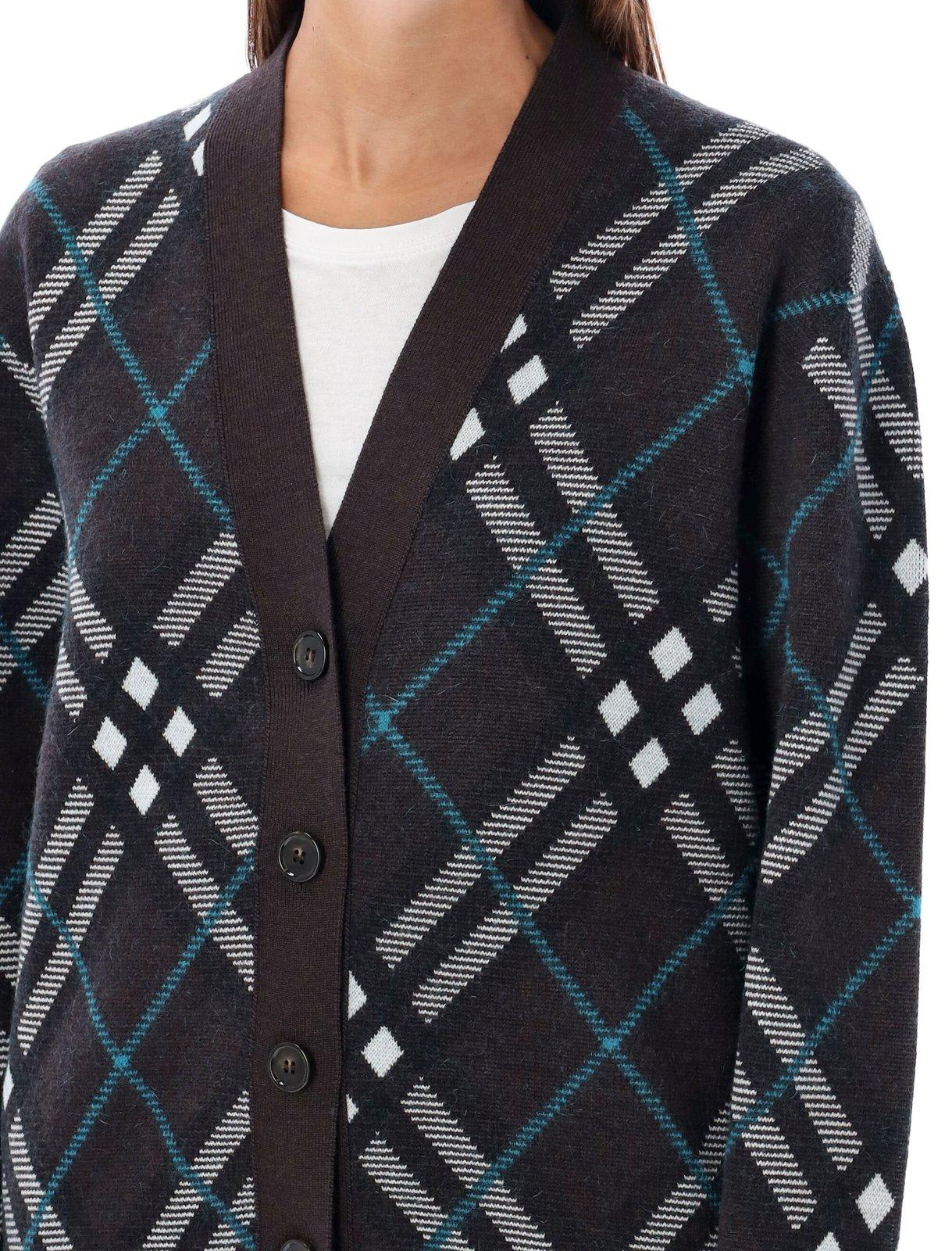 Shop Burberry Checked V-neck Buttoned Cardigan In Marrone