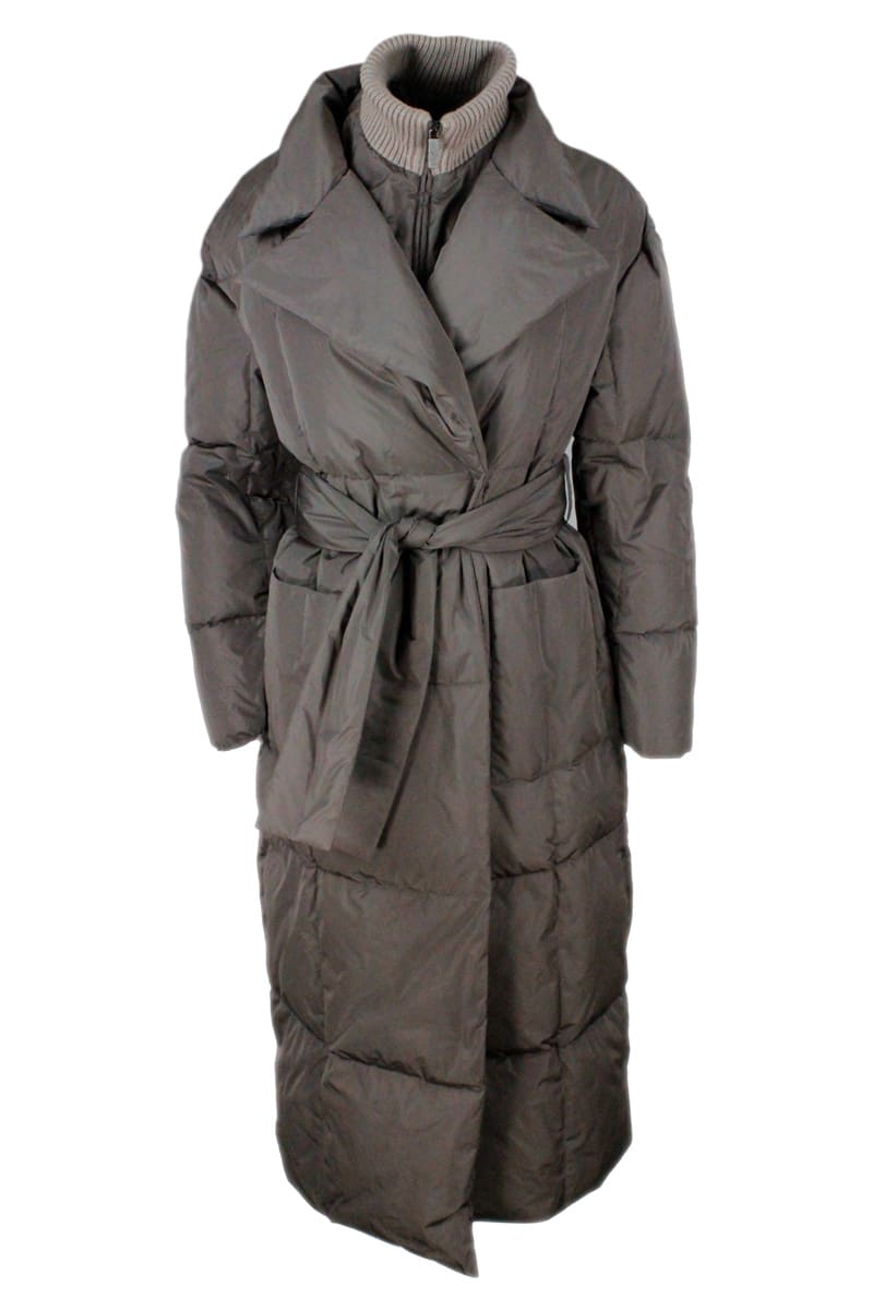 Fabiana Filippi Long Down Jacket With Square Quilting With Knit Collar And Detachable Front
