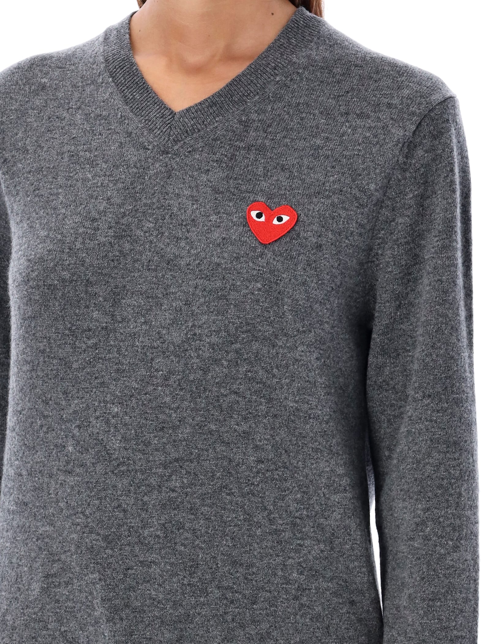 Shop Comme Des Garçons Play Red Heart Patch V-neck In Grey