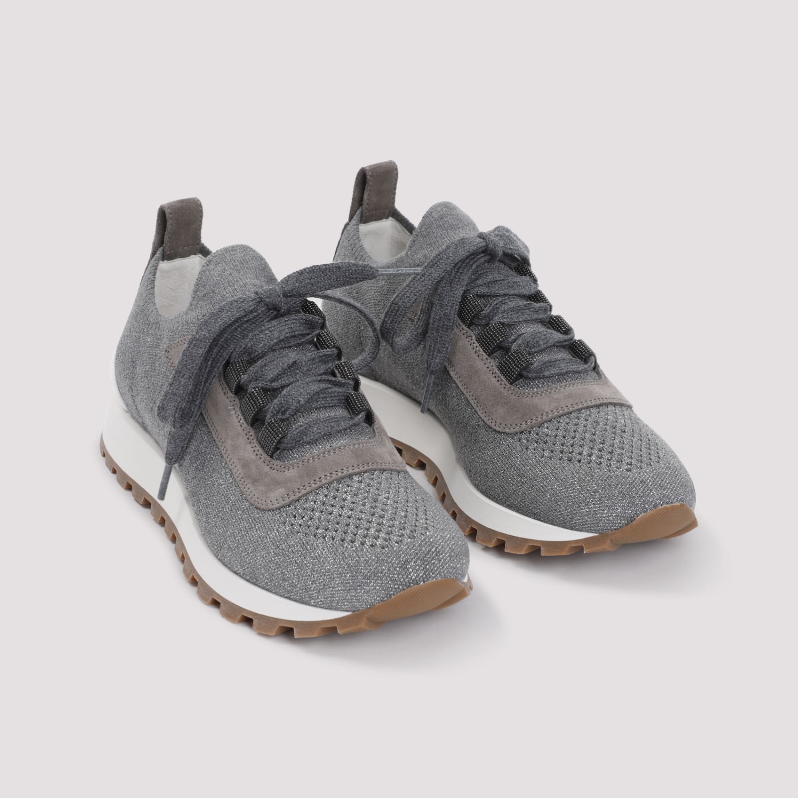 Shop Brunello Cucinelli Shiny Knit Sneakers In Grey