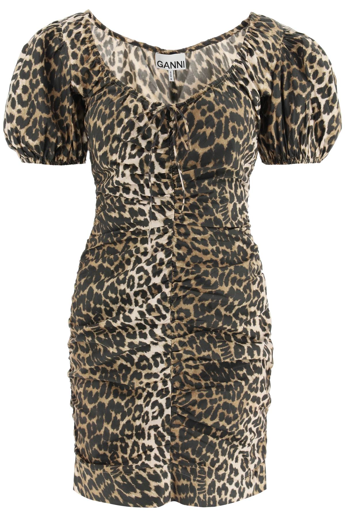 Shop Ganni Leopard Poplin Mini Dress In Beige