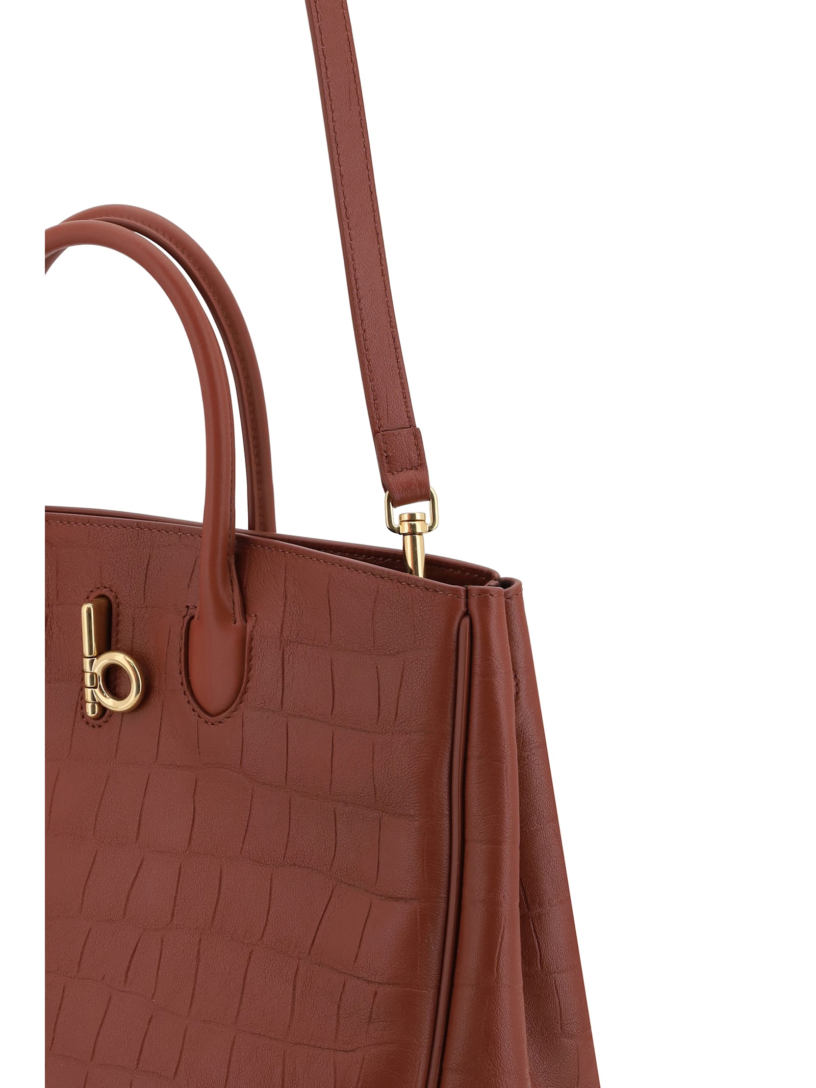Burberry Croco Leather Tote Bag With Gold Hardware In Rust