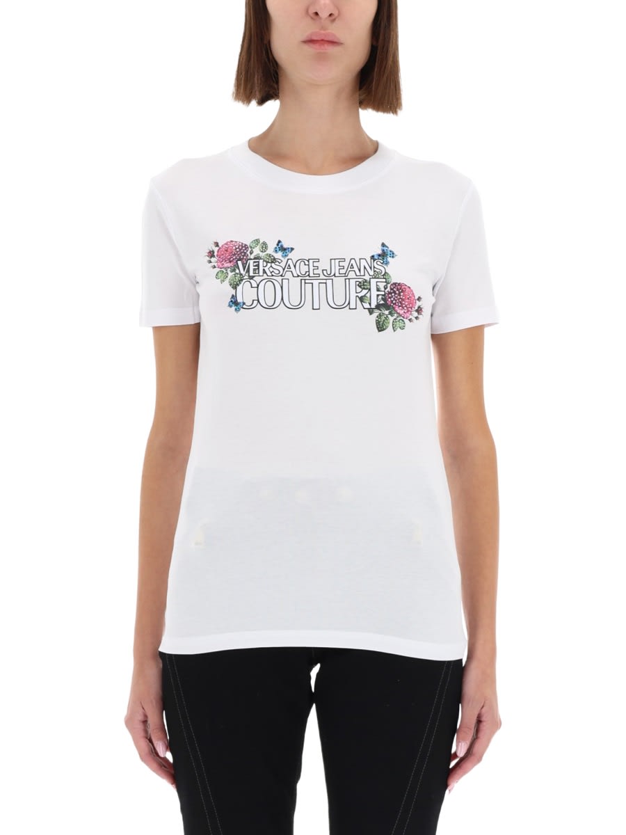 Versace Jeans Couture Floral Graphic Print Short Sleeve Top In White