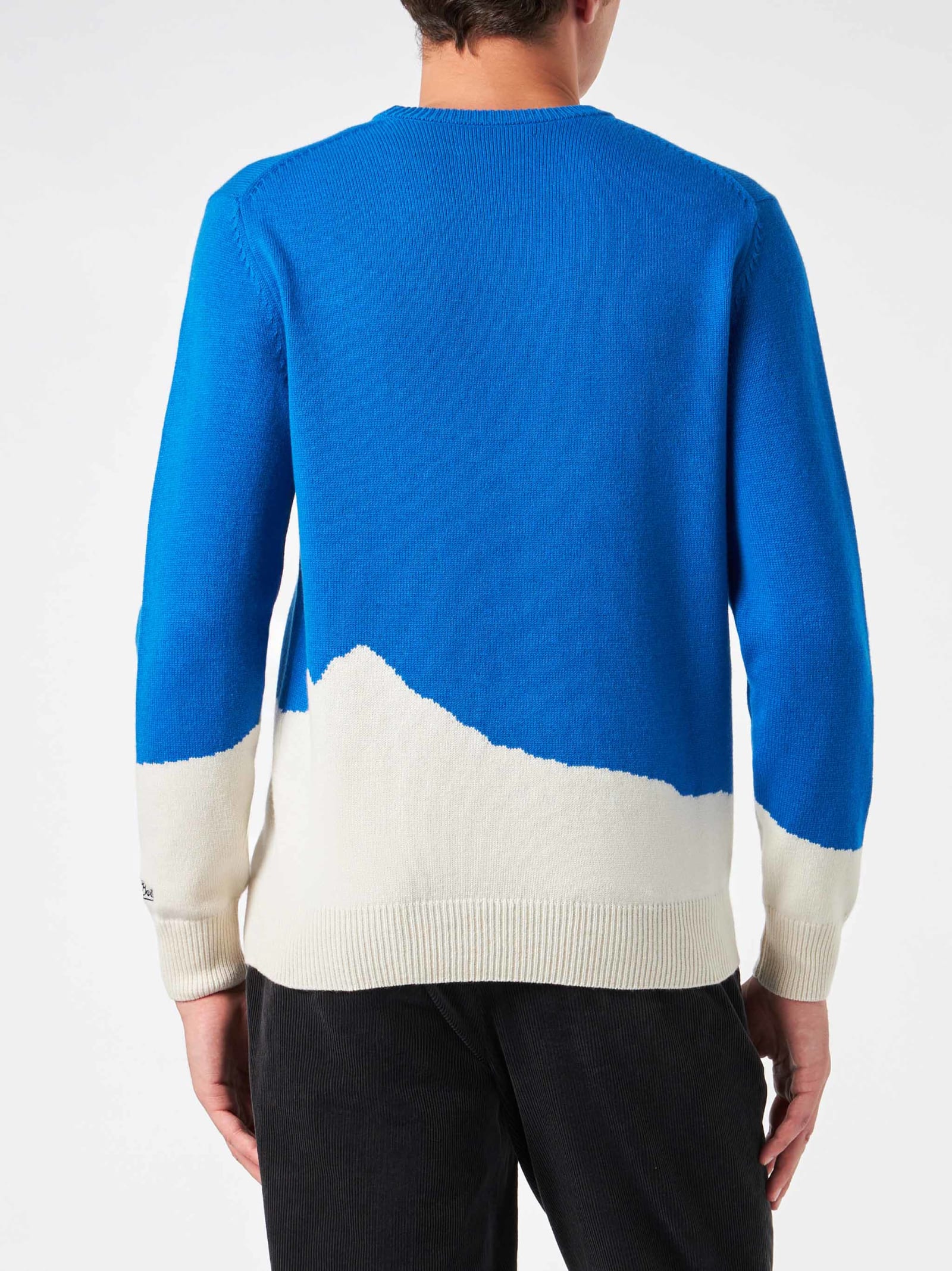 Shop Mc2 Saint Barth Man Crewneck Sweater With Courma Cable Postacard Jacquard Print In Blue