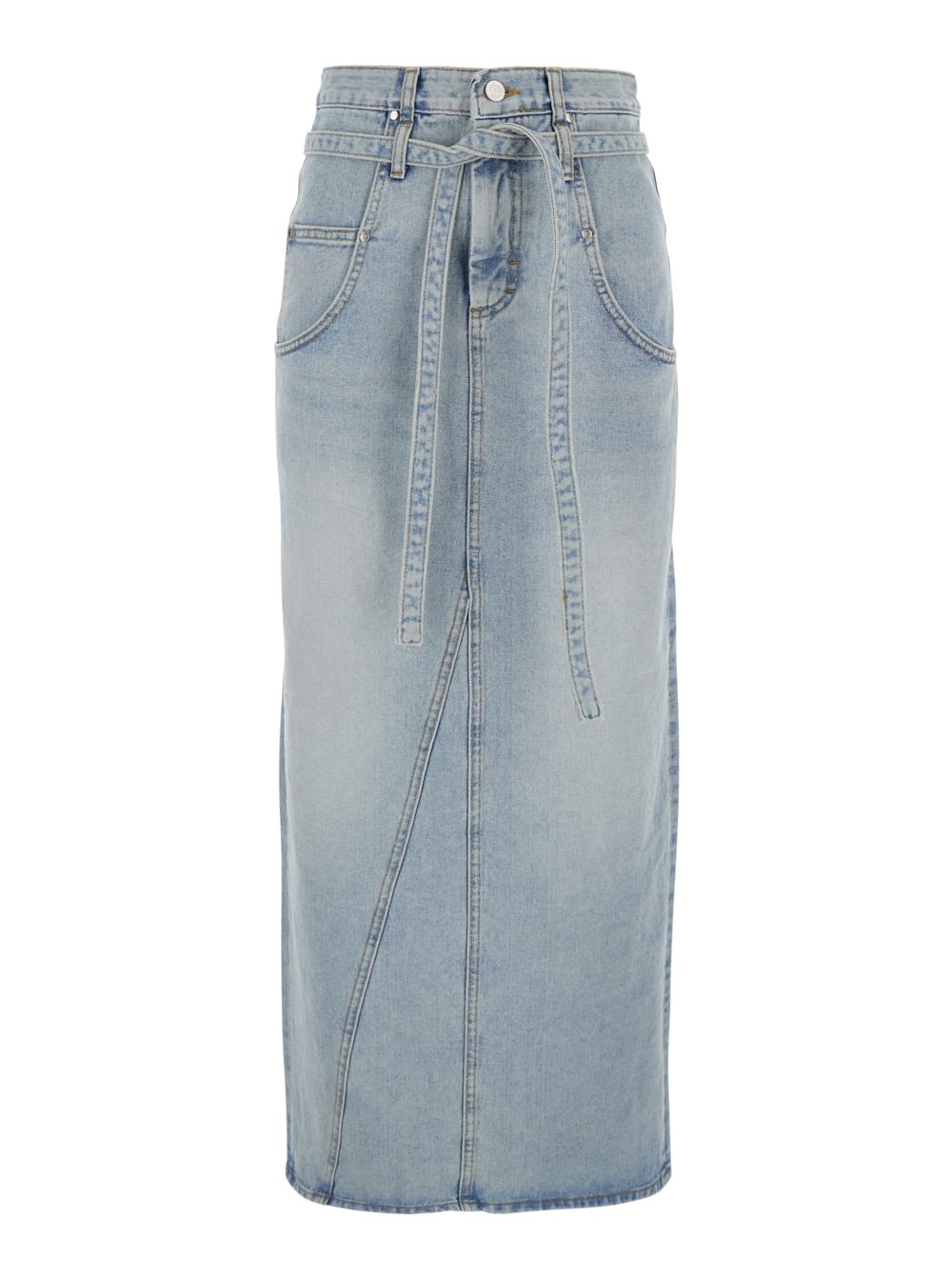 Blue High-waisted Skirt With Belt On The Waist And Rear Single Slit In Denim Woman