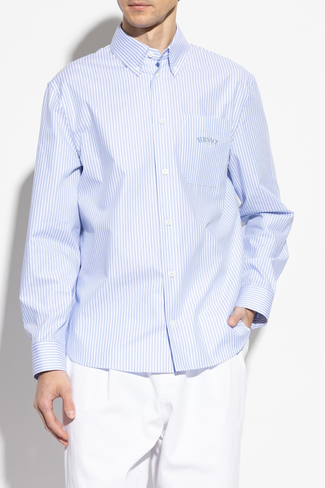 Versace Long-sleeved Striped Buttoned Shirt In Clear Blue