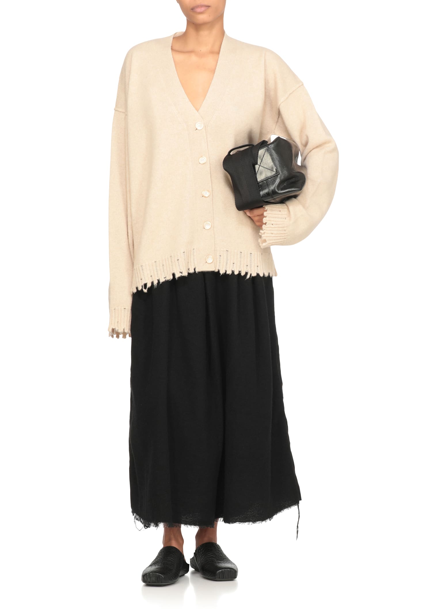 Uma Wang Beige Cashmere Cardigan With V-neck And Ribbed Trims In Multi