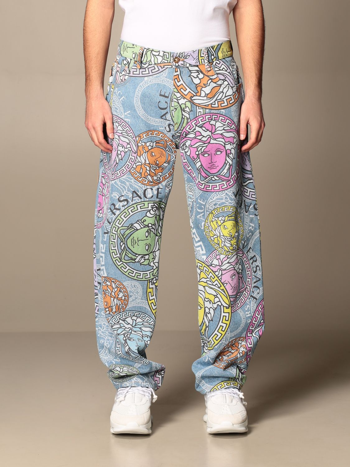 Versace Pants Versace 5-pocket Jeans With All-over Multicolor Medusa Head Pattern