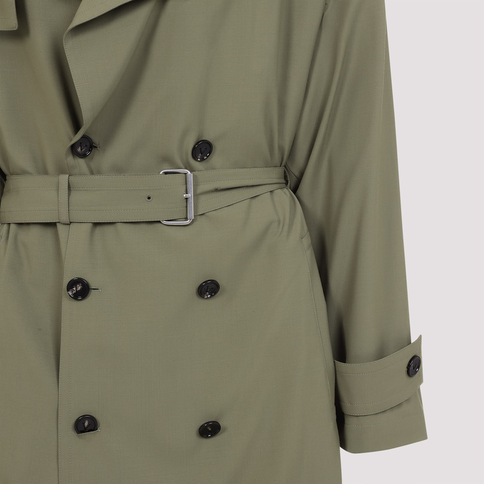 Bottega Veneta Green Wool Double-breasted Trench Coat In Algae
