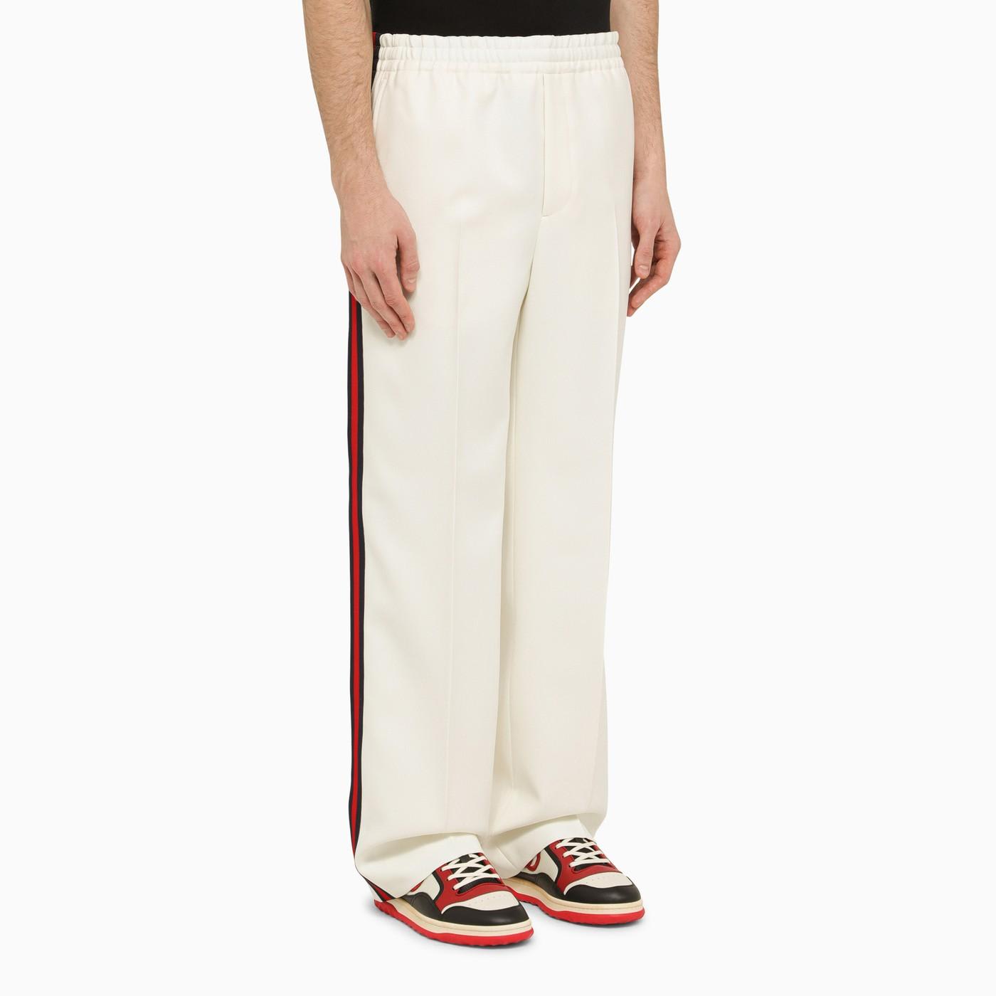 Shop Gucci White Trousers With Web Ribbon In Offwhitemix