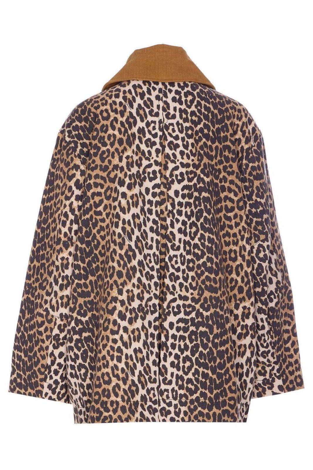 Ganni Leopard Printed Canvas Midi Puffer Jackets Brown In Multi